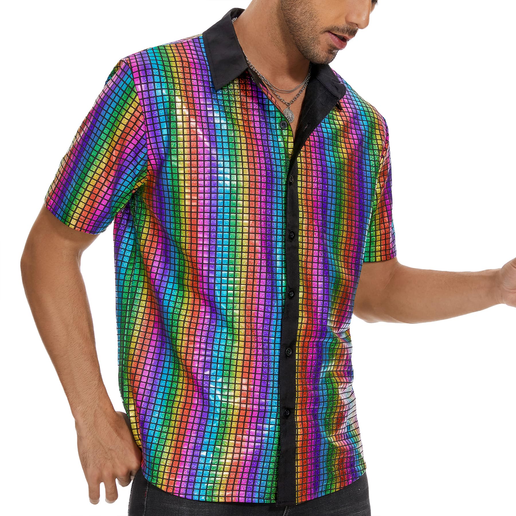 Zando Men's Sequin 70s 80s Disco Shirt - Retro Short Sleeve Button Up Costume Halloween New Year Party Outfit Top & Clubwear