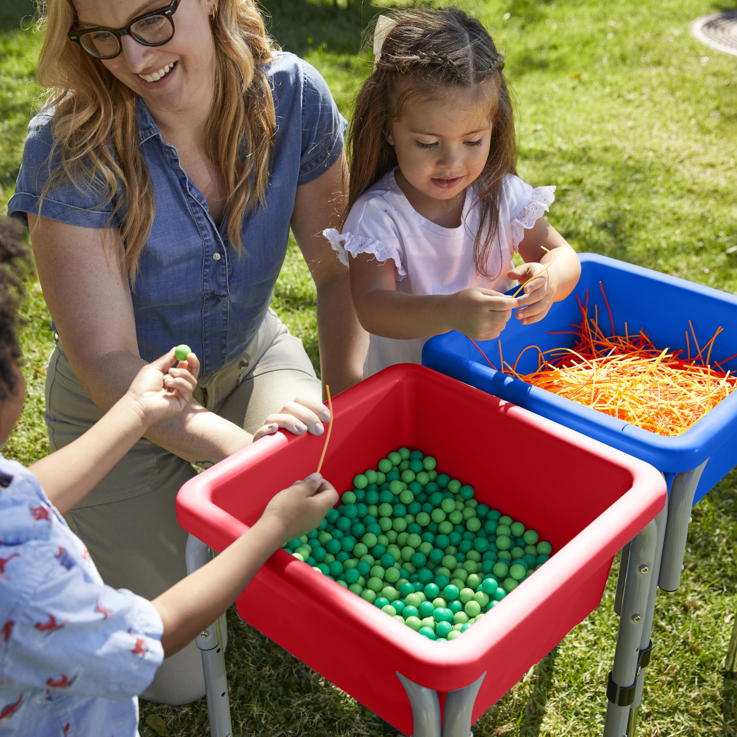 ECR4Kids 2-Station Sand and Water Adjustable Play Table, Sensory Bins, Blue/Red