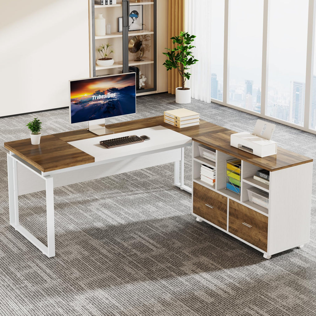 Tribesigns L-Shaped Executive Desk with Reversible File Cabinet, 63" Office Desk with Storage Drawers, L-Shaped Computer Desk with Drawer Cabinet for Hanging Letter Size Files (Gray & Black)