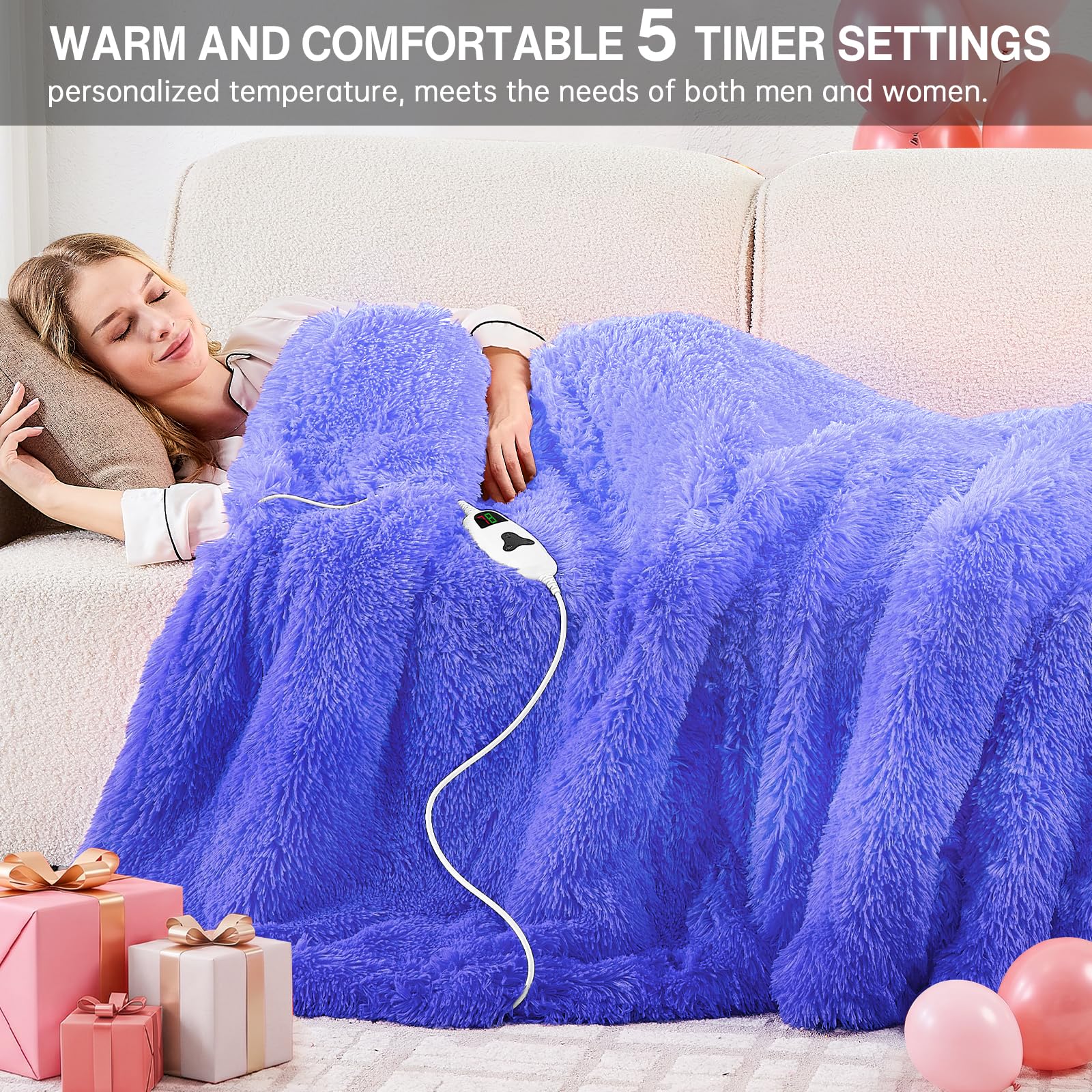 Heated Electric Blanket Queen–Faux Fur with Soft Thick SherpaWarm Winter Birthday Gifts for Women Grandma,Dual Control,10 Heat Settings,5 Time Settings, 84x90, Beige