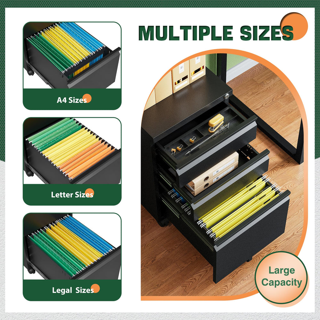 Letaya 3 Drawer Mobile File Cabinet with Lock,Under Desk Metal Small Filing Cabinets for Home Office Organizer Letters/Legal/A4(Fully Assembled Except Wheels-Black)
