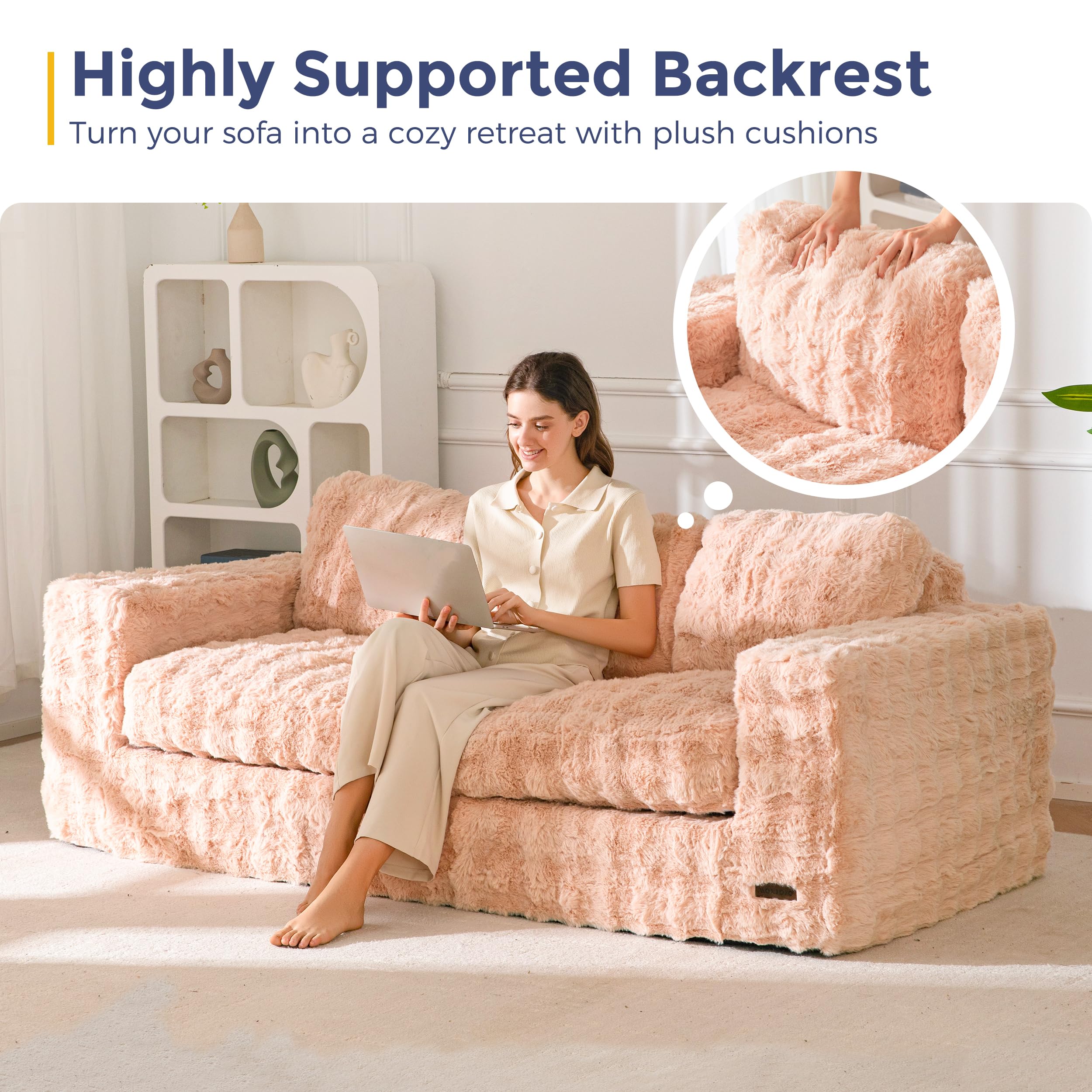 MAXYOYO 3 Seater Sofa Couch for Living Room, Tufted Boneless Couch Sofa Couch, Comfy Bubbled Bean Bag Chair for Apartment, No Assembly Needed, Beige