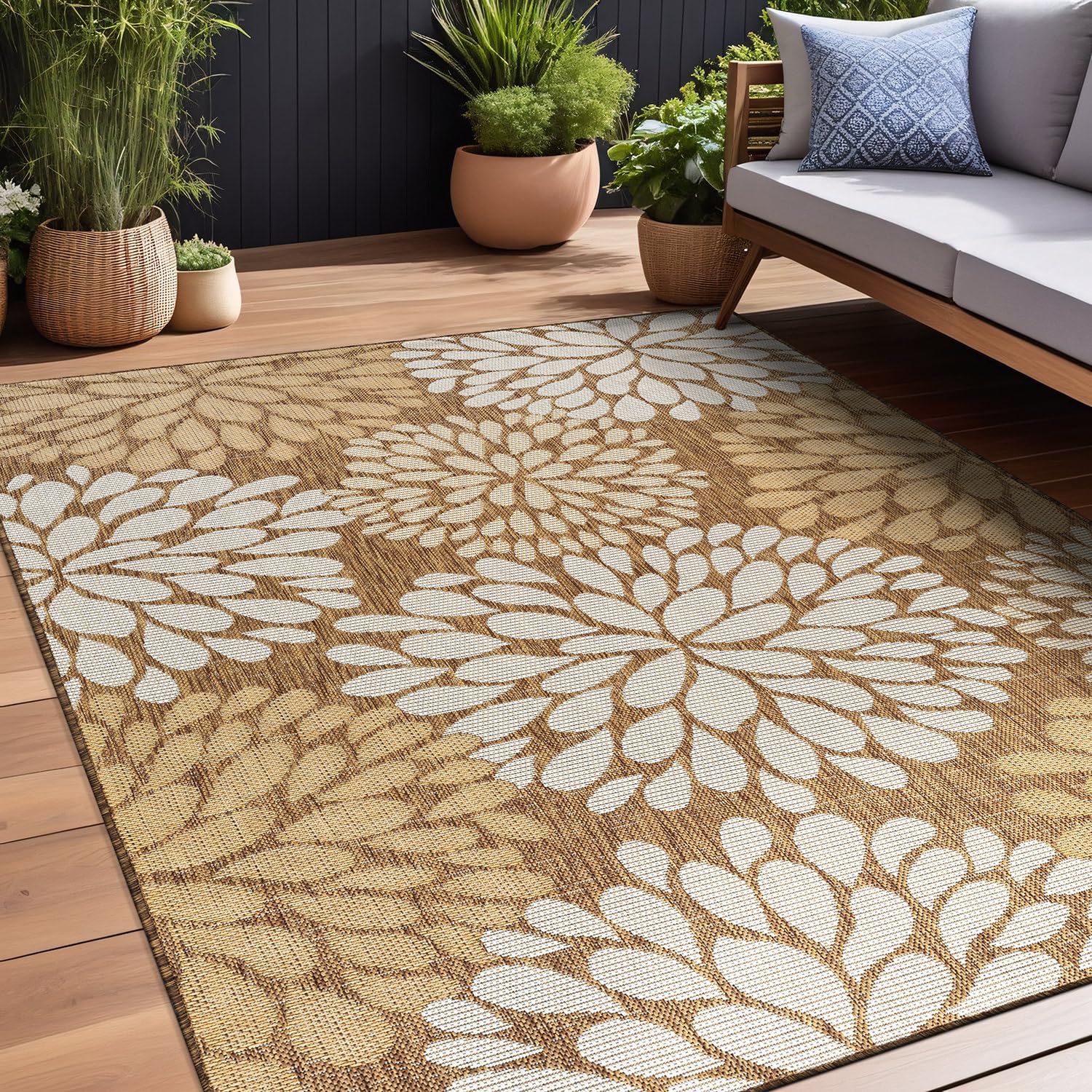 Beverly Rug Outdoor Rug 5x7 Modern Bordered Area Rugs for Indoor and Outdoor Patio Deck Porch Garden Waterproof Weather Sun Resistant Washable Outside Carpet (5 x 7 Beige)
