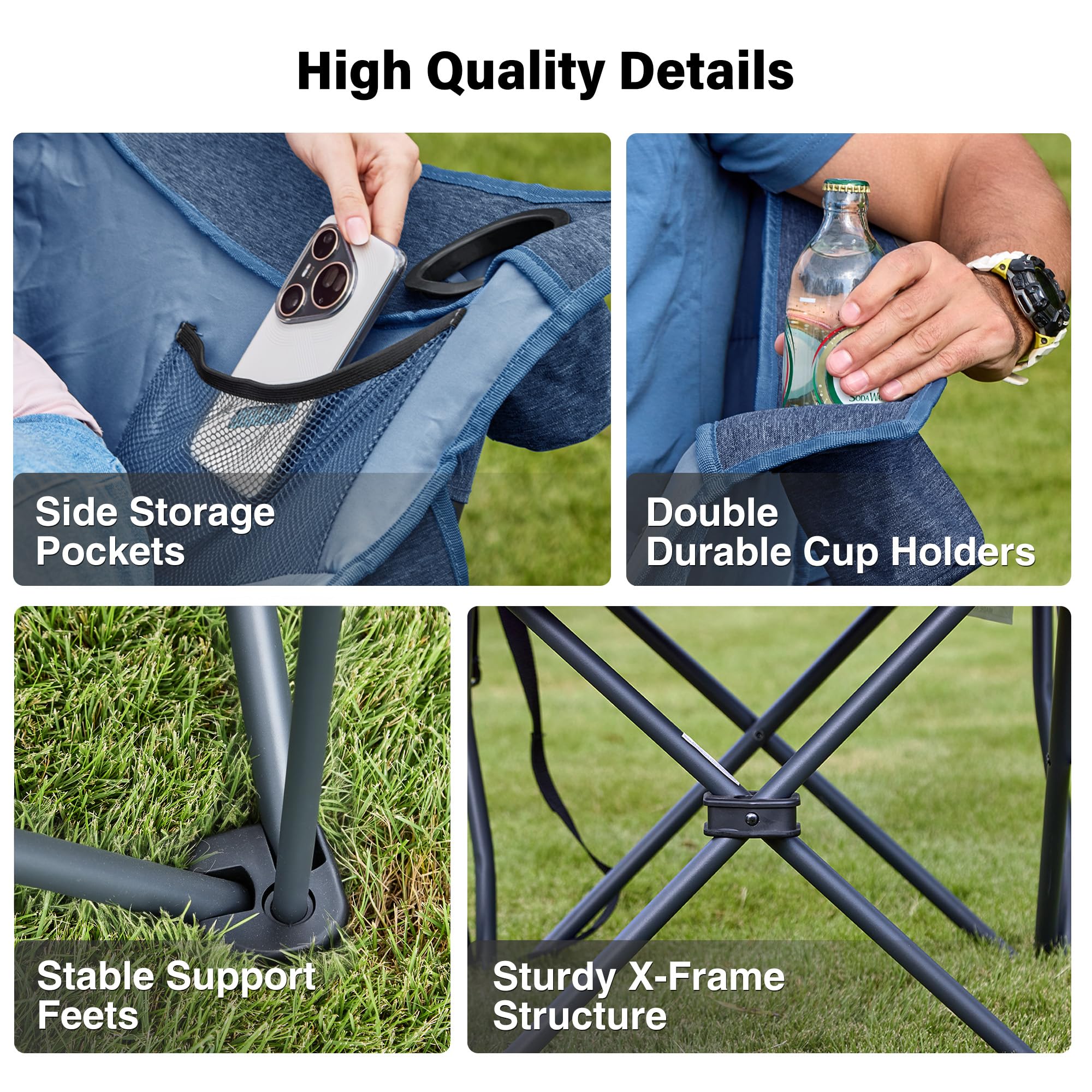 Double Camping Chair Heavy Duty Oversized Padded Loveseat for Adults 2 Person Outdoor Portable Camping Chairs for Lawn, Backyard, Fishing, Trip, Support 600lbs, Grey