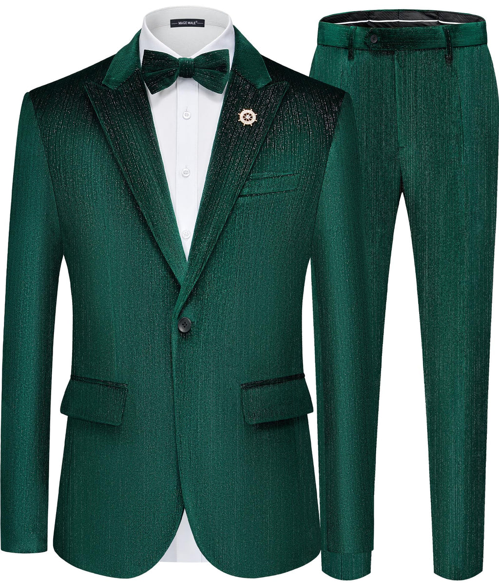 MAGE MALE Mens Suits Velvet Tuxedo Suit Set Slim Fit 2 Piece Luxurious Party Dinner Jacket Pants with Bow Tie