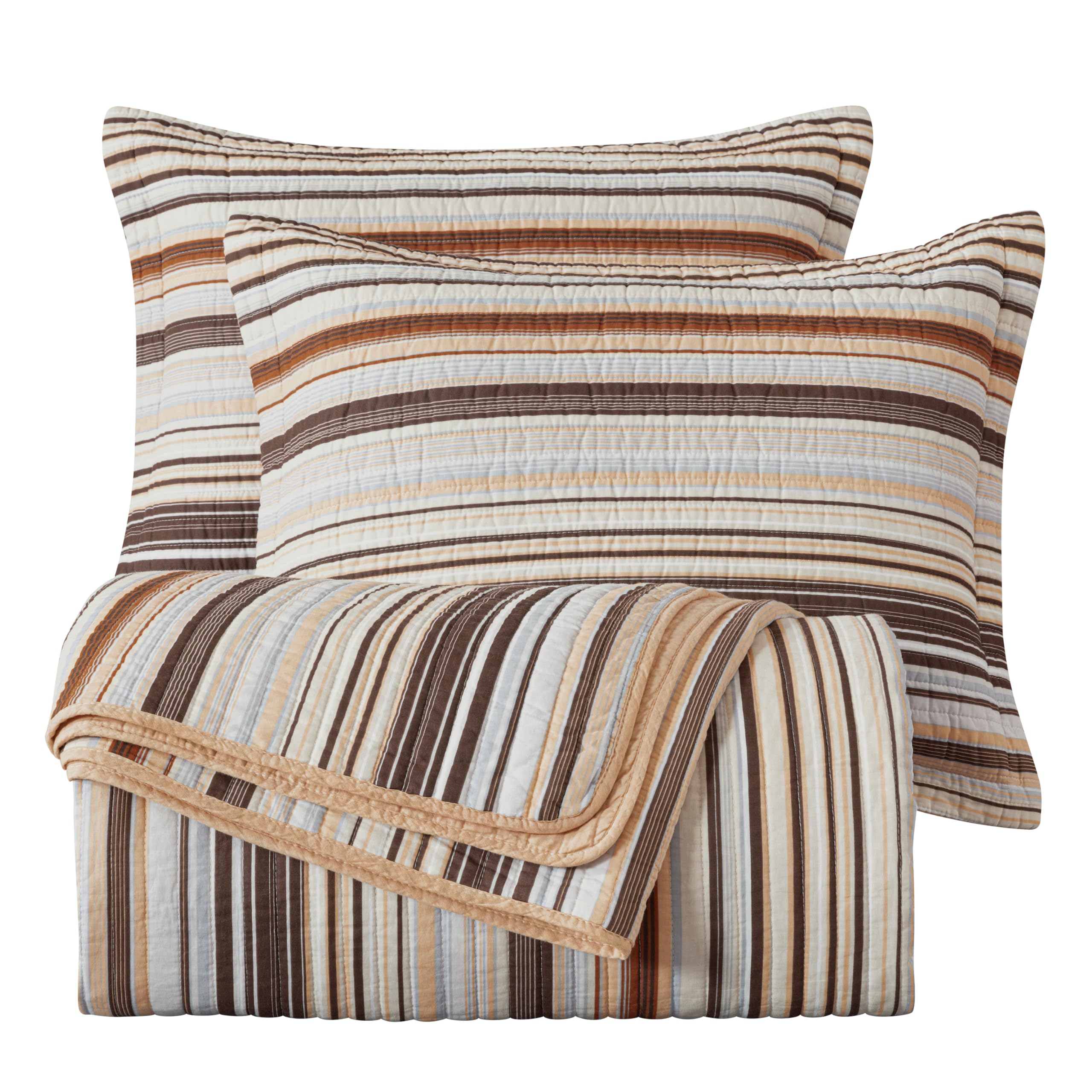Chezmoi Collection Avery Striped Cotton Quilt Set Twin Size, 2-Piece Soft Pre-Washed 100% Cotton Quilt, Multi-Color Brown