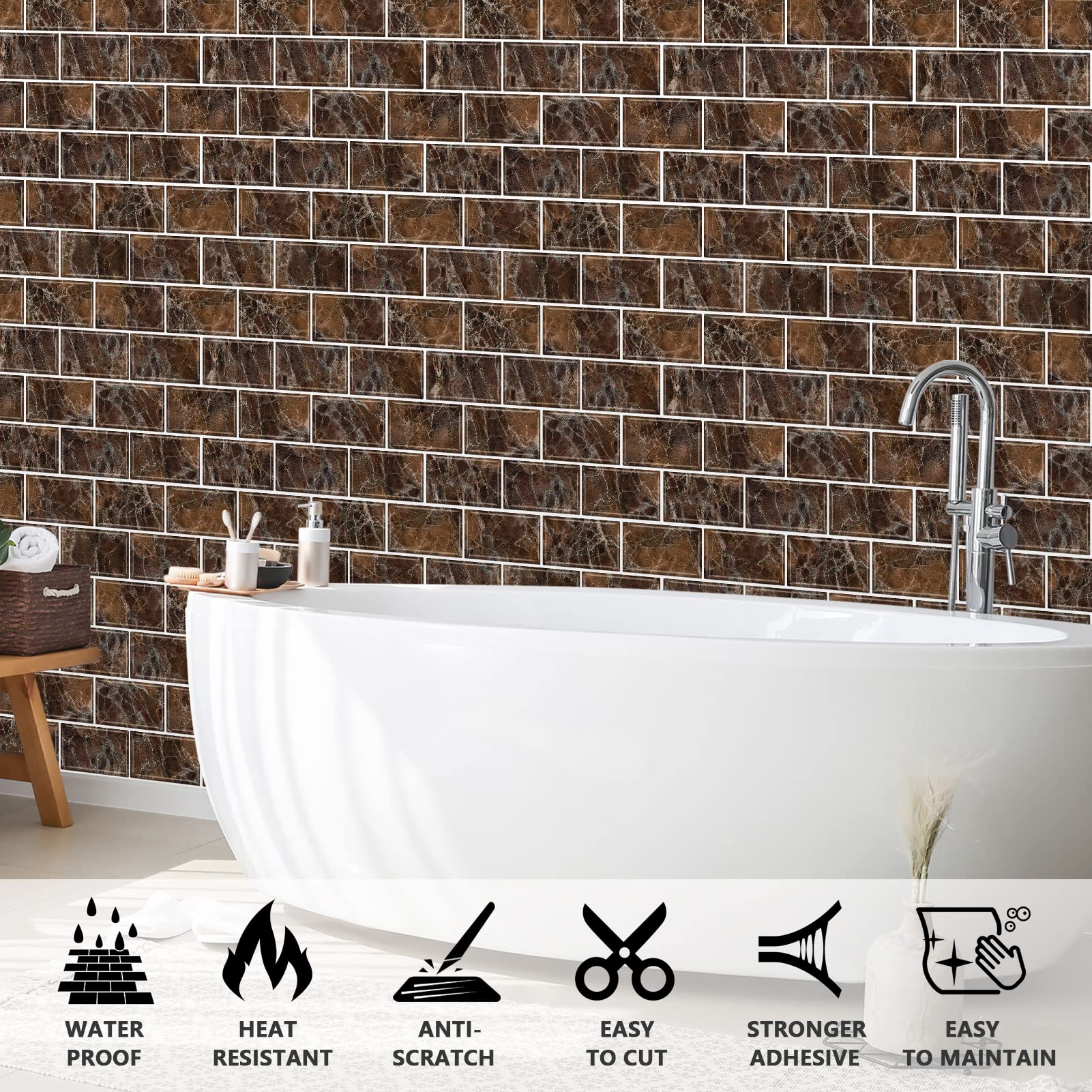 URCOLOR 10-Sheet Back Splashes for Kitchens Peel and Stick,12"x12" Self Adhesive Subway Wall Tiles Stick on backsplash Tiles for Bathroom Black Marble
