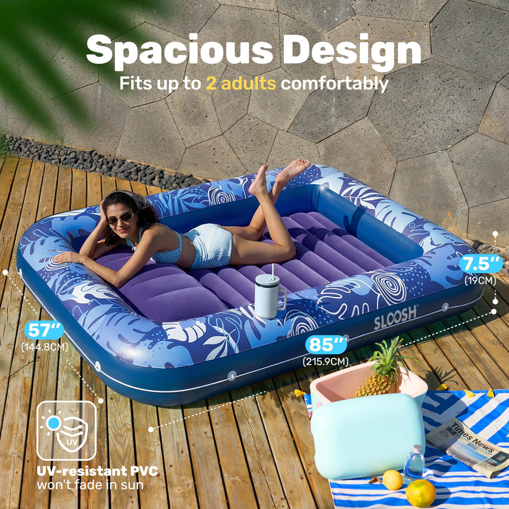 SLOOSH Inflatable Tanning Pool Lounger Float, 85" x 57" Extra Large Pool Floats Adult with Pillow, 4 in 1 Suntan Tub Raft Floatie,Sunbathing Bed Lounge for Water Blow Up Ball Pit Party Gifts, XL-Blue