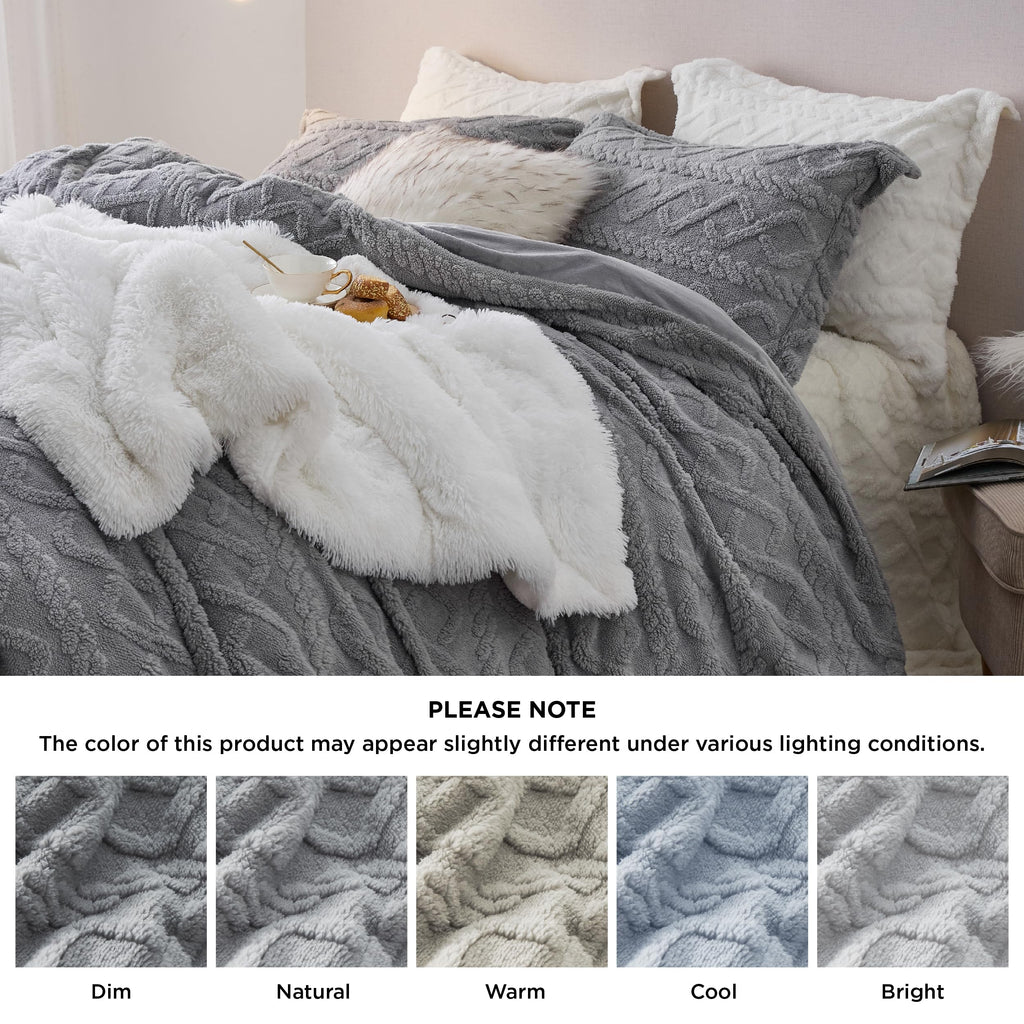 Bedsure Fluffy Flannel Duvet Cover Set - Faux Fur Comforter Cover Queen Size, Gray Warm Plush Bedding for Winter, 3-Piece Set with Zipper Closure (90"x90") and 2 Pillow Shams