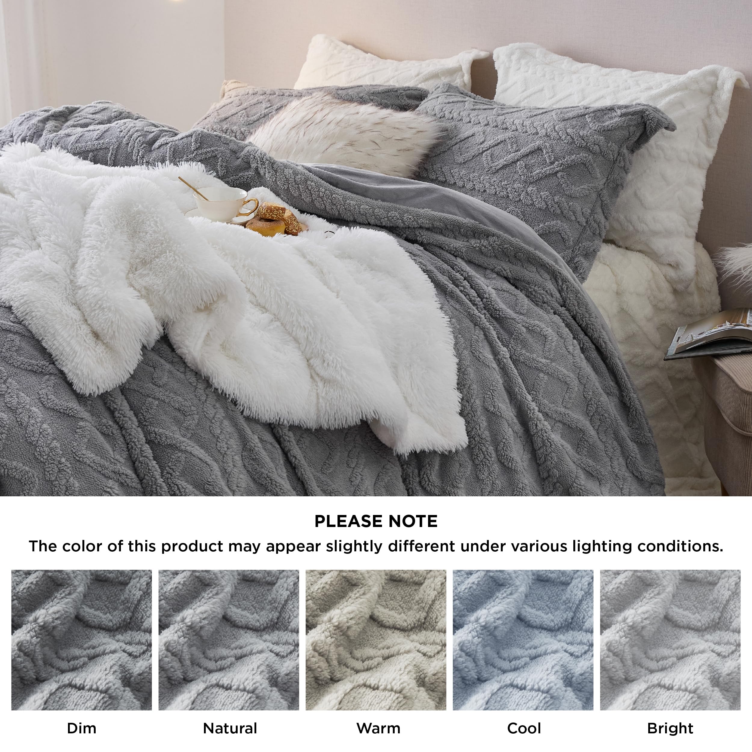Bedsure Fluffy Flannel Duvet Cover Set - Faux Fur Comforter Cover Queen Size, Gray Warm Plush Bedding for Winter, 3-Piece Set with Zipper Closure (90"x90") and 2 Pillow Shams