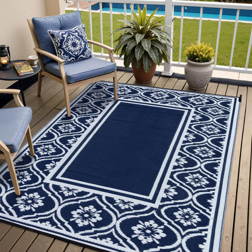 HUGEAR Outdoor Patio Rug 3'x5' Waterproof Outside Area Rugs Blue Reversible Plastic Straw Carpet for RV Deck Camping Entryance Porch Picnic Balcony Beach