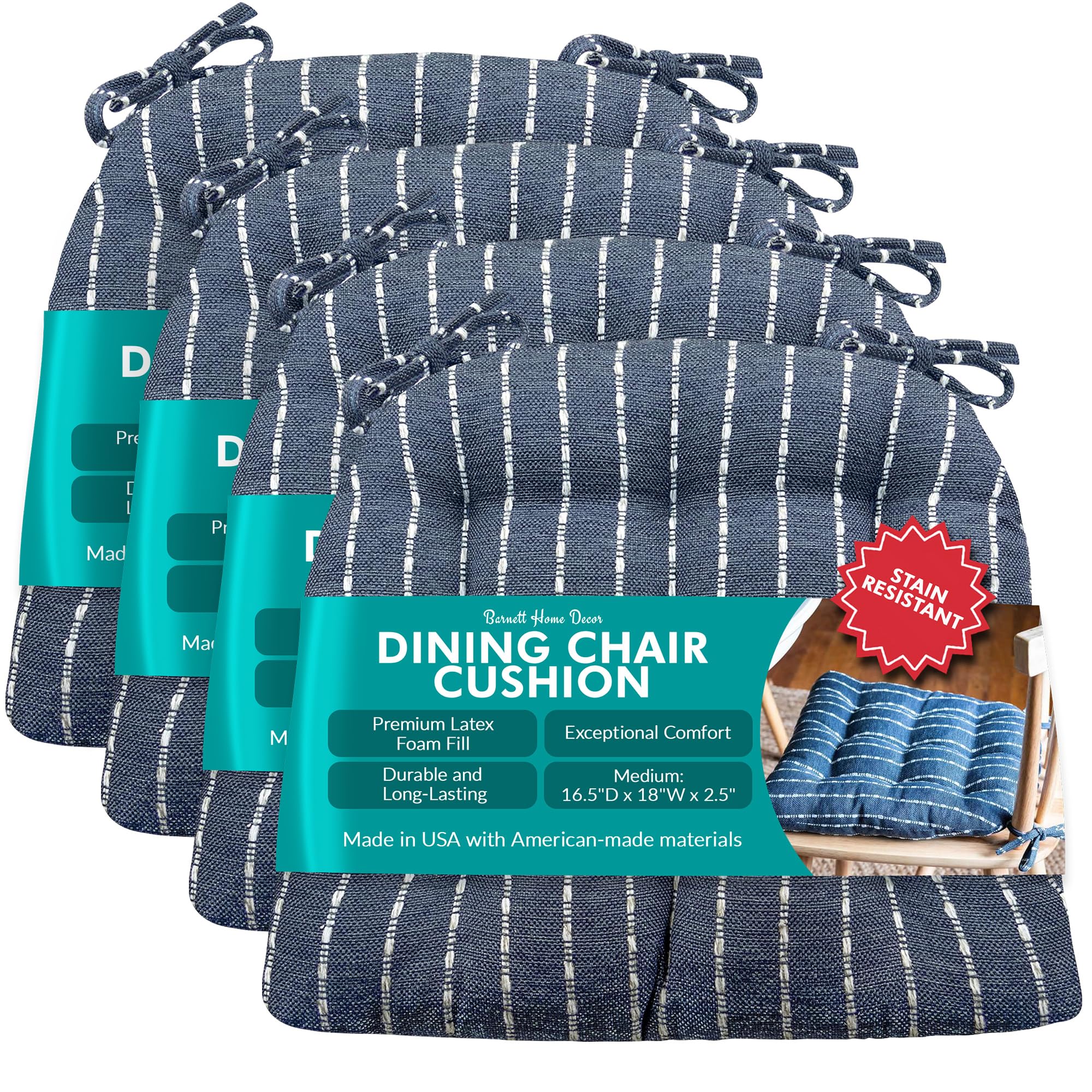 Barnett Home Decor Avante Charcoal Dining Chair Cushions - 15 x 17 Size Small Chair Pad - Latex Foam Fill - Reversible - Made in USA (Dark Gray-Black Stripe/Small)