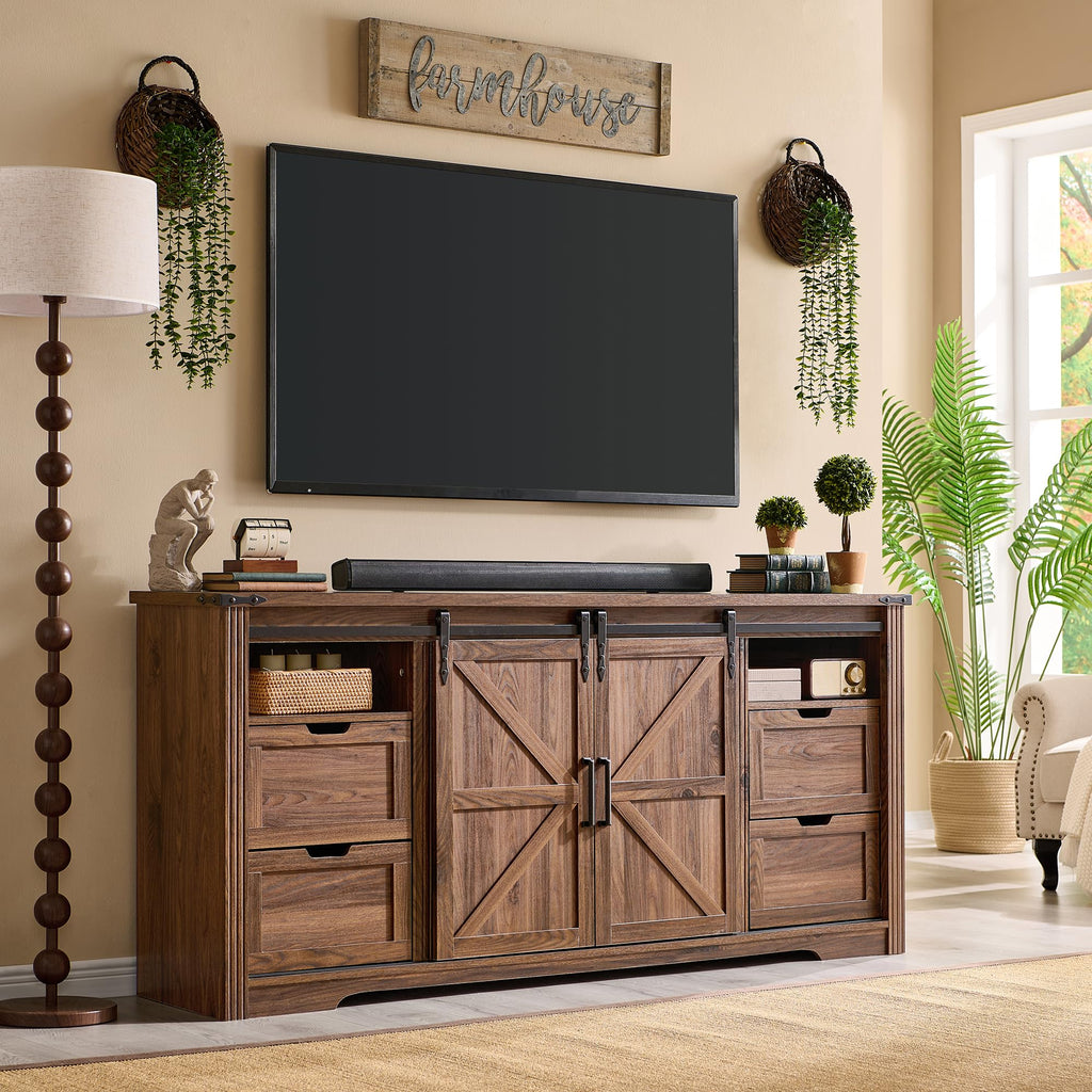 JXQTLINGMU Farmhouse TV Stand for 75+ Inch TV, 32" Tall Entertainment Center w/4 Drawers & Sliding Barn Door, Rustic Media Console w/Storage Shelves, 66" Wood Television Stand for Living Room, Black