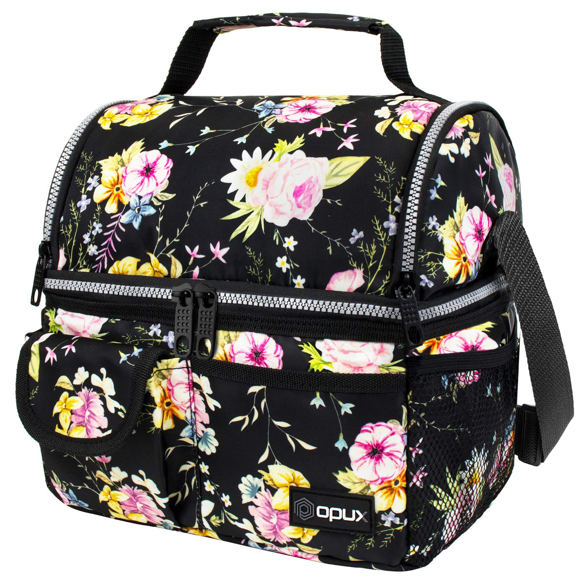 opux Insulated Lunch Bag Women Men, Dual Compartment Leakproof Lunch Box Adults Kids, Double Decker Meal Prep Bento Lunch Cooler Tote with Shoulder Strap for Work Office School Travel, Black