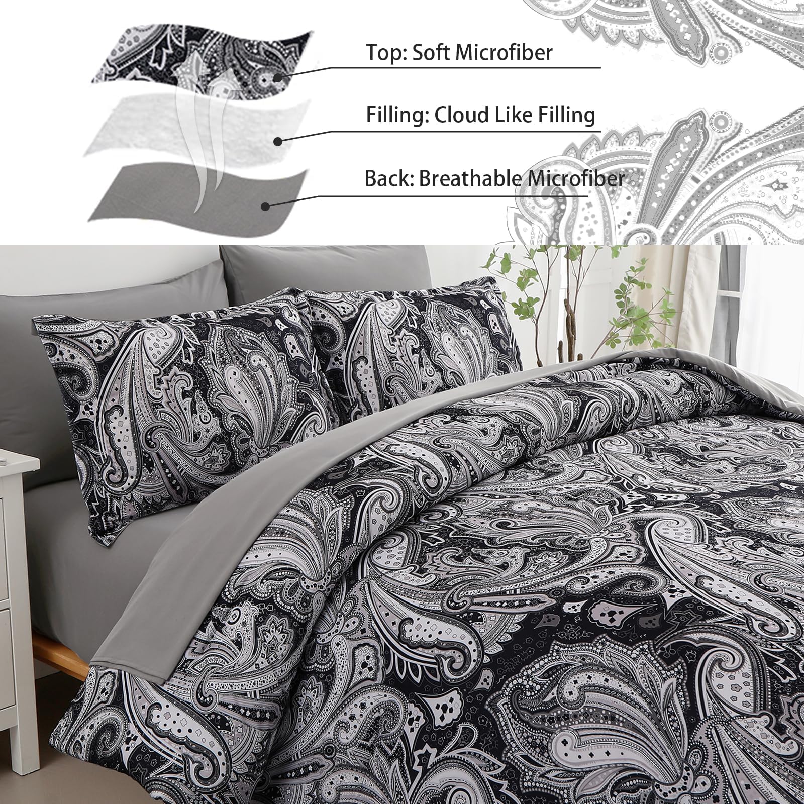DJY Black Paisley Comforter Set Full Size 7 Piece Bed in a Bag Black and Grey Boho Paisley Pattern Comforter Set Soft Lightweight Microfiber Reversible Bedding Set for All Season