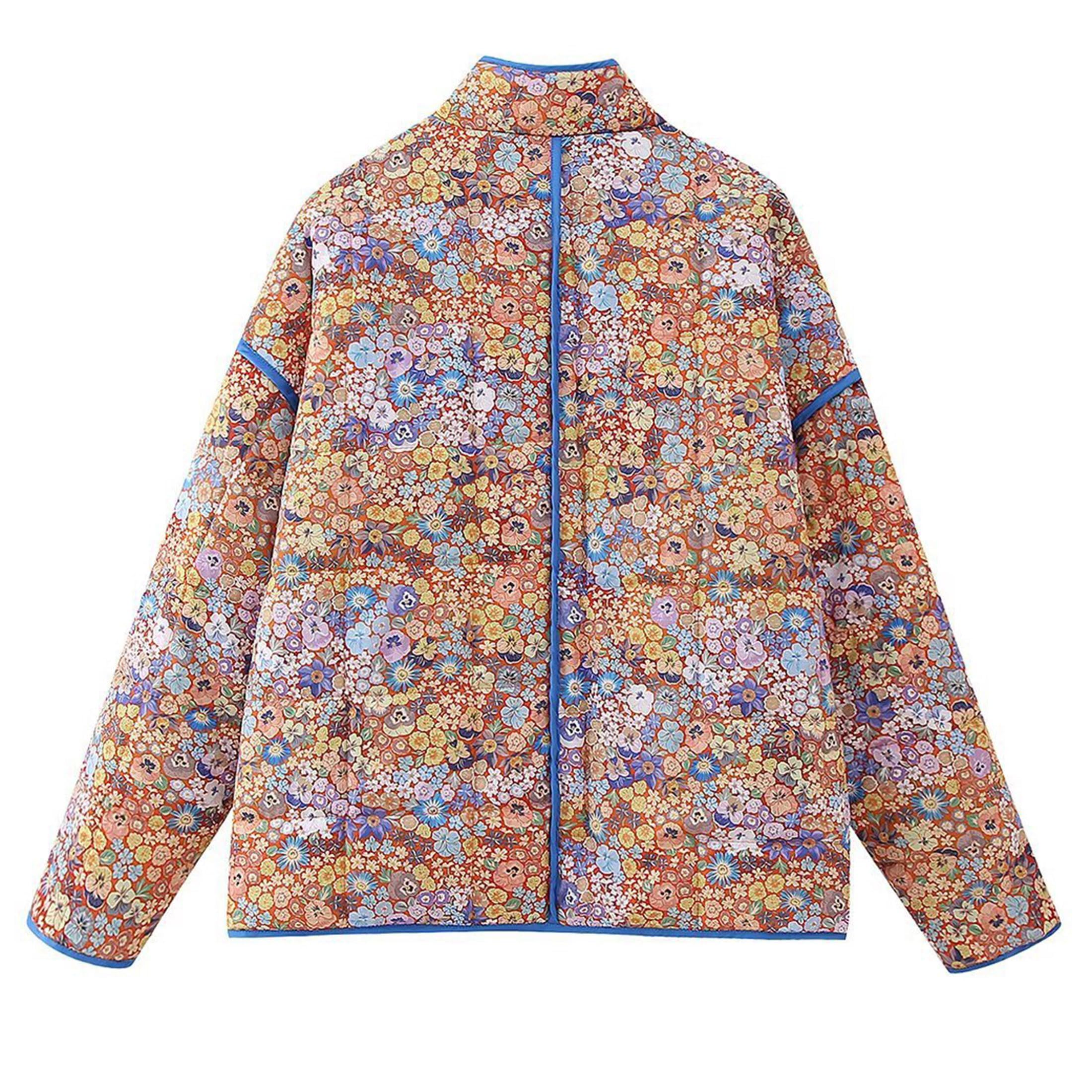 Omoone Women's Cropped Quilted Jacket Floral Printed LightWeight Padded Puffer Cardigan Coat Outwear