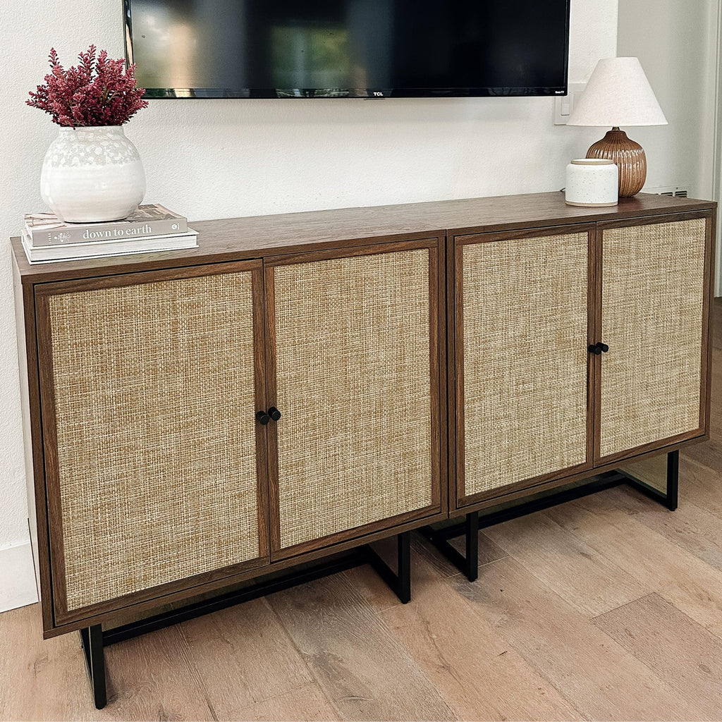 Nathan James Kova Rattan Wood Accent Sideboard Storage Cabinet with Matte Metal Frame, Adjustable Interior Shelves and Cane Doors, for Hallway, Entryway or Living Room, Black Oak/Cane