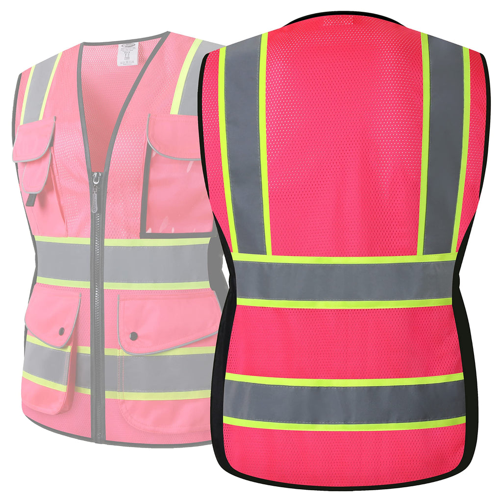 JKSafety Women Hi-Vis Reflective Safety Vest | Neon Color body Sewed Reflective Strips Breathable Lightweight ANSI Compliant