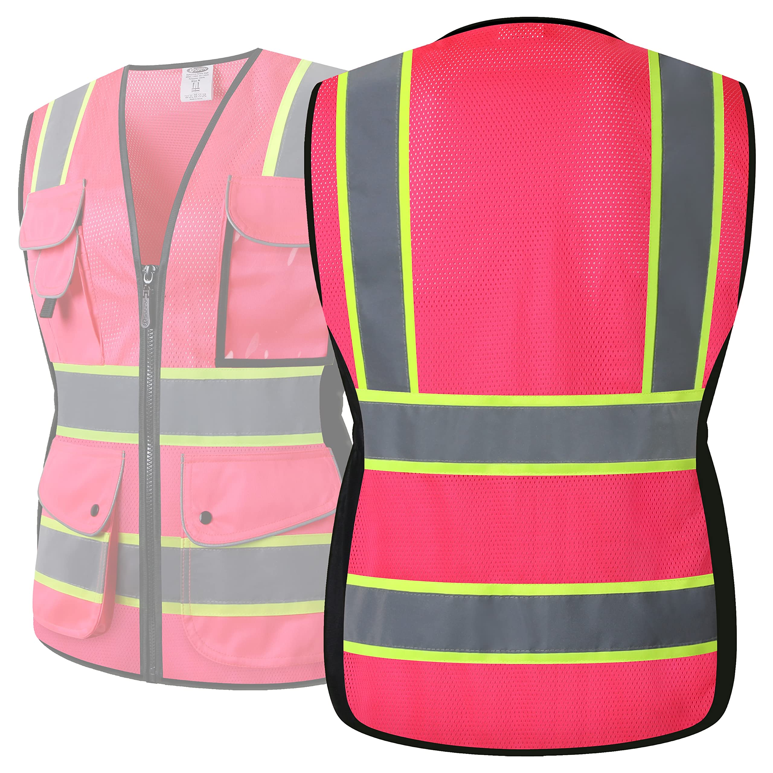 JKSafety Women Hi-Vis Reflective Safety Vest | Neon Color body Sewed Reflective Strips Breathable Lightweight ANSI Compliant