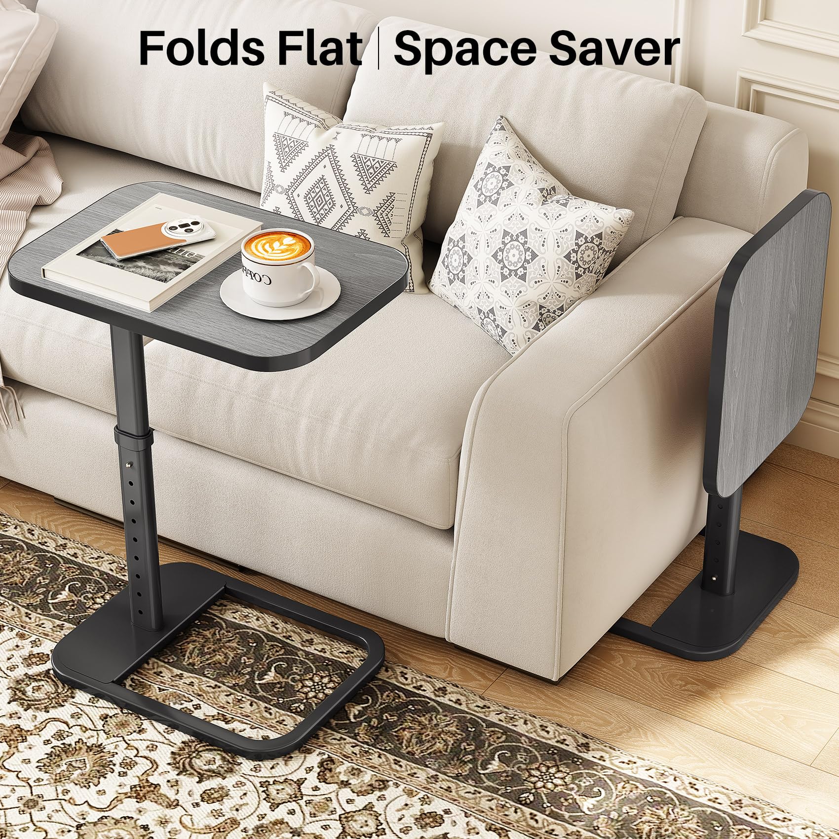 Kitstorack TV Tray Table, Adjustable Height & Rounded Metal Corners, Snack Table for Couch, Sofa, Bed, Chair, Living Room, C Shaped End Side Table for Eating, Dinner or Laptop, Small Spaces, Black