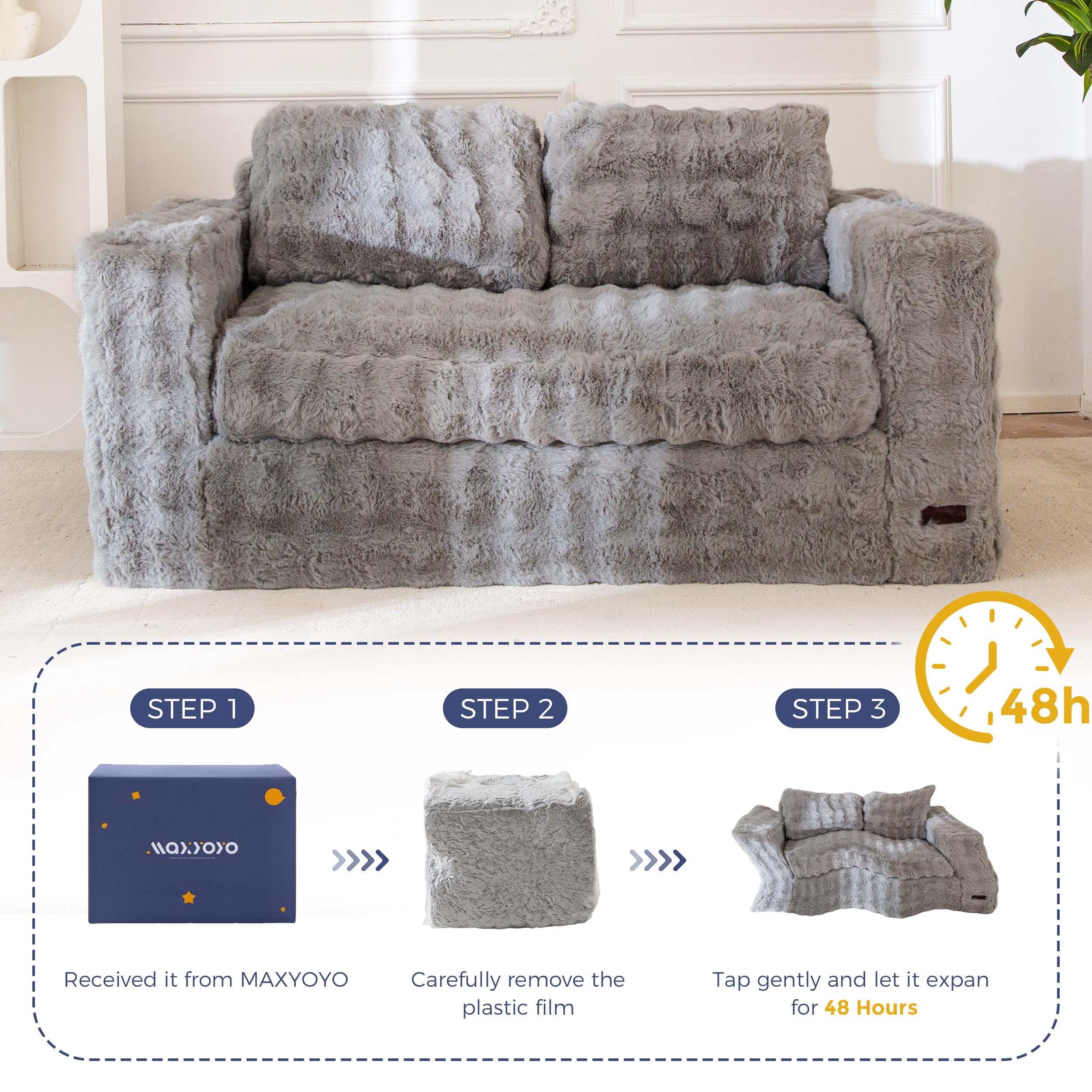 MAXYOYO 3 Seater Sofa Couch for Living Room, Tufted Boneless Couch Sofa Couch, Comfy Bubbled Bean Bag Chair for Apartment, No Assembly Needed, Beige