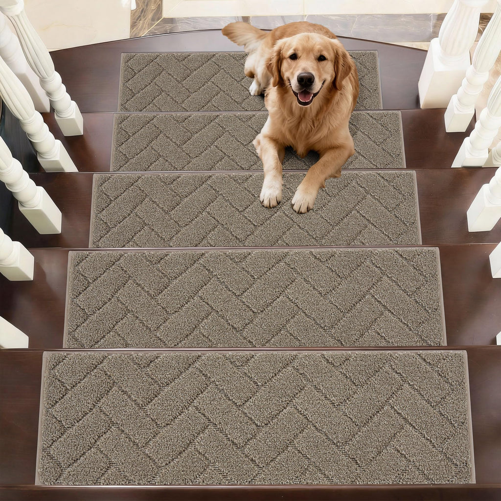 BEQHAUSE Stair Treads for Wooden Steps 28inX9in, Non Slip Carpet Stair Treads Indoor Stair Runners Machine Washable, Soft Stair Rugs Mat Surface Polyester TPE Backing, 4pcs, Beige