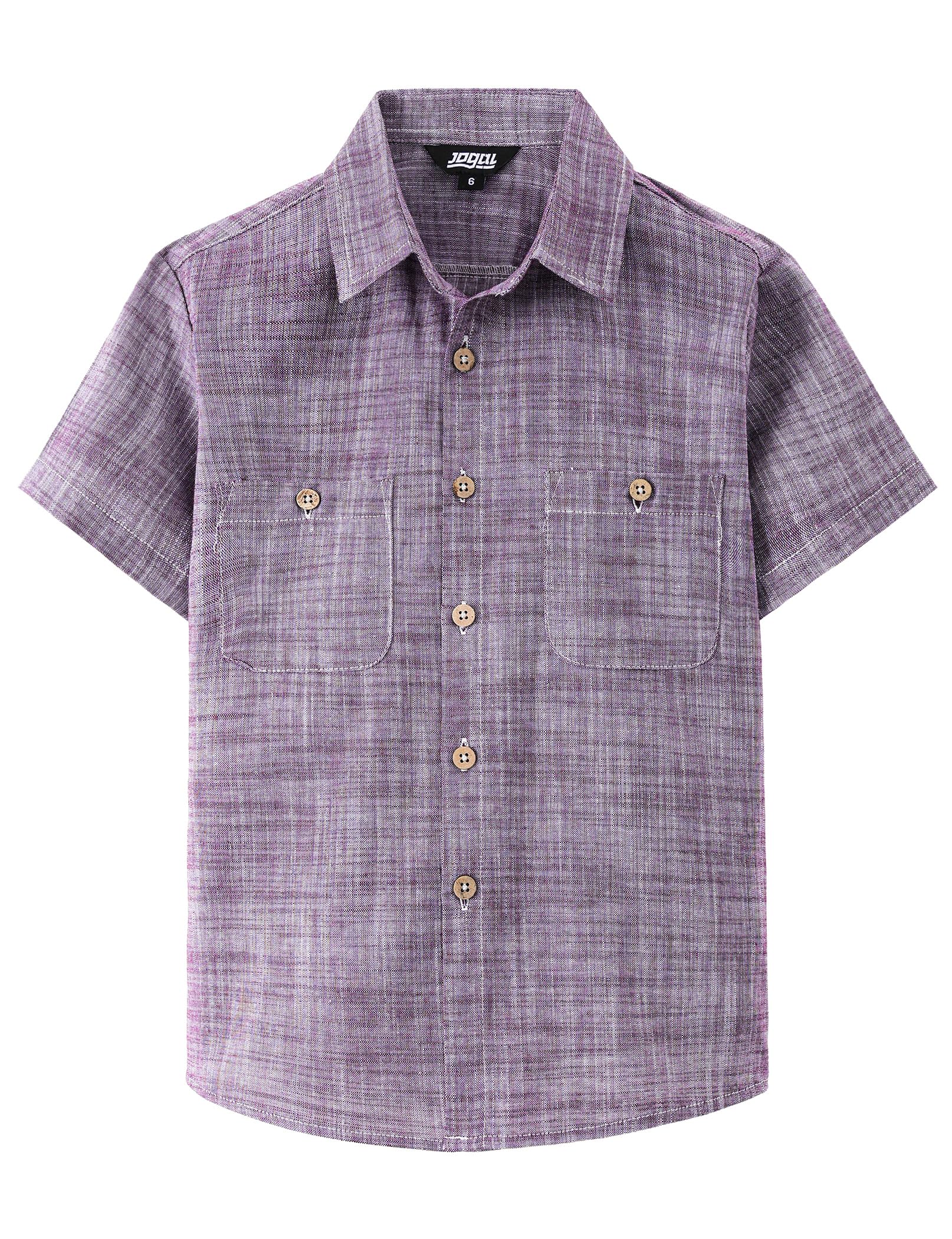 JOGAL Boys Chambray Shirts Short Sleeve Button Down Casual Cotton Woven Shirt with Two Pockets for Kids 6-14 Years