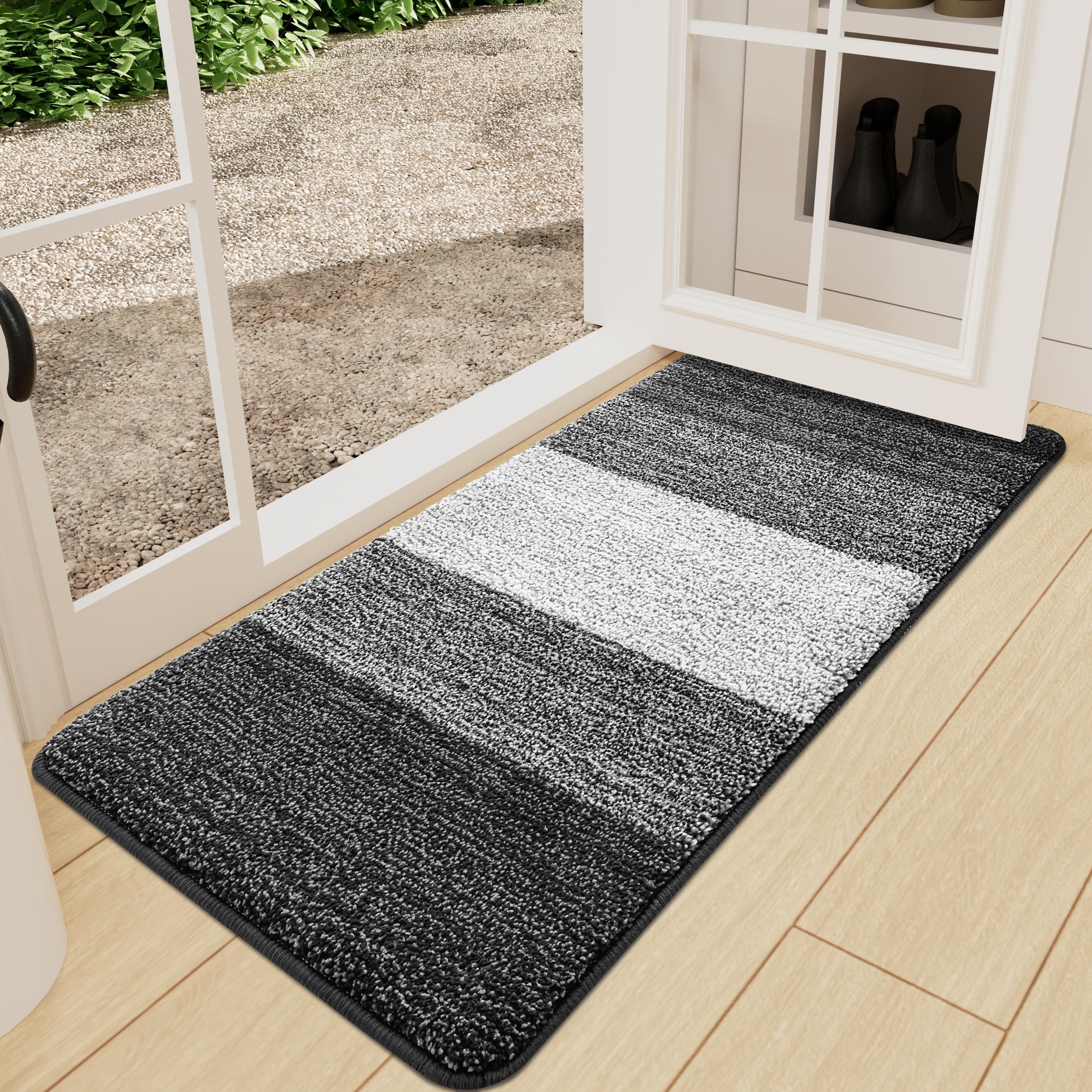 Kitinjoy Indoor Outdoor Door Mat, 30x17 Non-Slip Absorbent Dirt Trapper, Low-Profile Washable Inside Entrance Front Floor Mat, Sturdy Soft Entry Doormats for Entryway, Beige