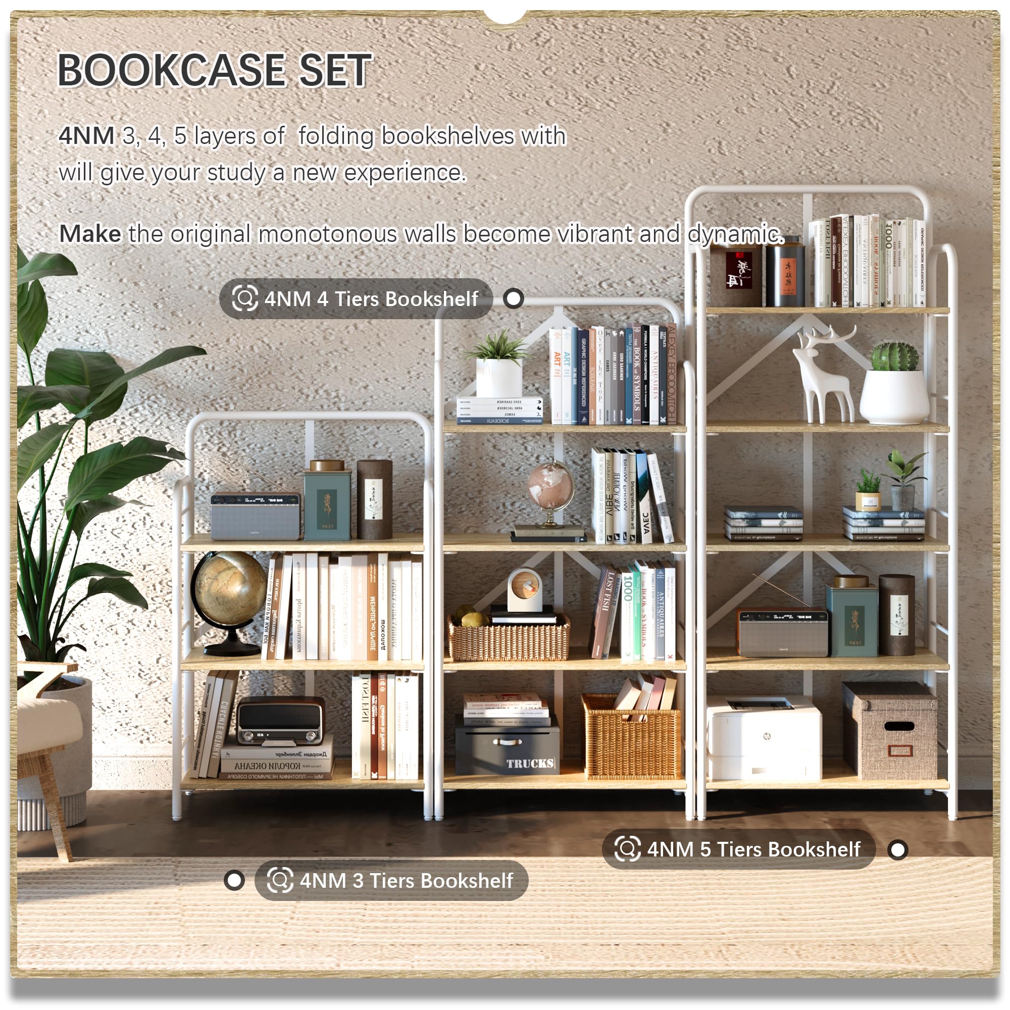 4NM No Assembly Folding Bookshelf, 3 Tiers Collapsible Book Shelves Open Industrial Foldable Storage Bookcase Shelf for Bedroom, Living Room, Home Office - Natural and White