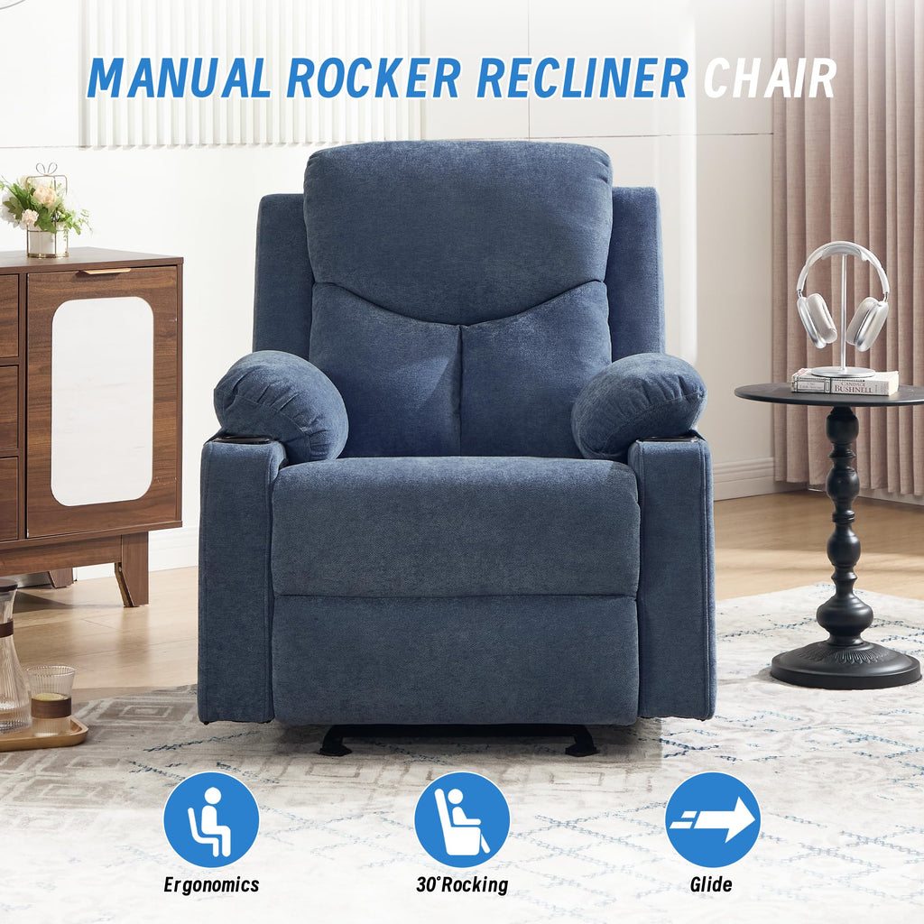 Manual Rocker Recliner Chair for Adults with Massage, Overstuffed Glider Rocking Chair with Cup Holders and Pockets for Living Room, Reclining Sofa Chair for Bedroom Nursery,Beige