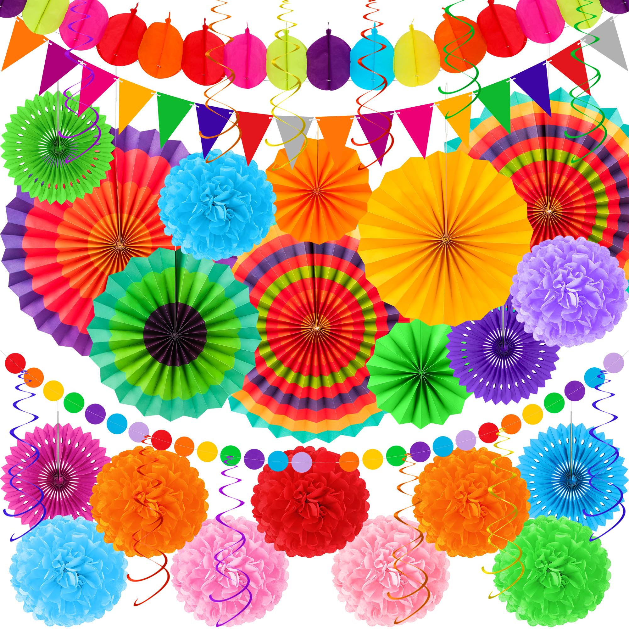 26 PCS 4th of July Decorations, 250th Memorial Day Red White Blue Paper Fans Decorations, 4th of July Banner Pompom Garland and Hanging Swirls Set for Fourth of July Independence Day Decor
