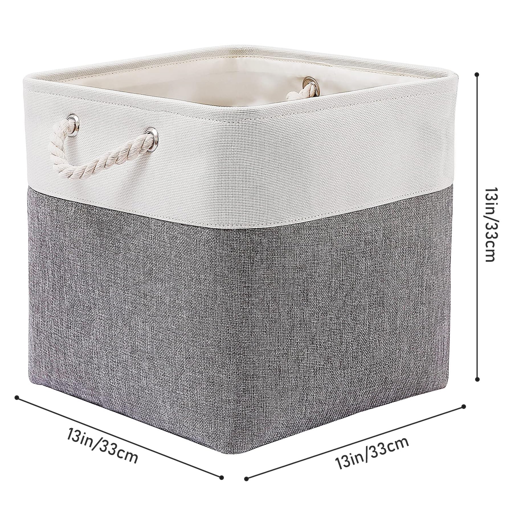 MidmmVick 13 x 13 Inch Cube Storage Bins, 6 Pack Extra Large Collapsible Fabric Storage Bin with Ropes, Foldable Storage Cubes for Home (White & Beige-13"x13"x13")