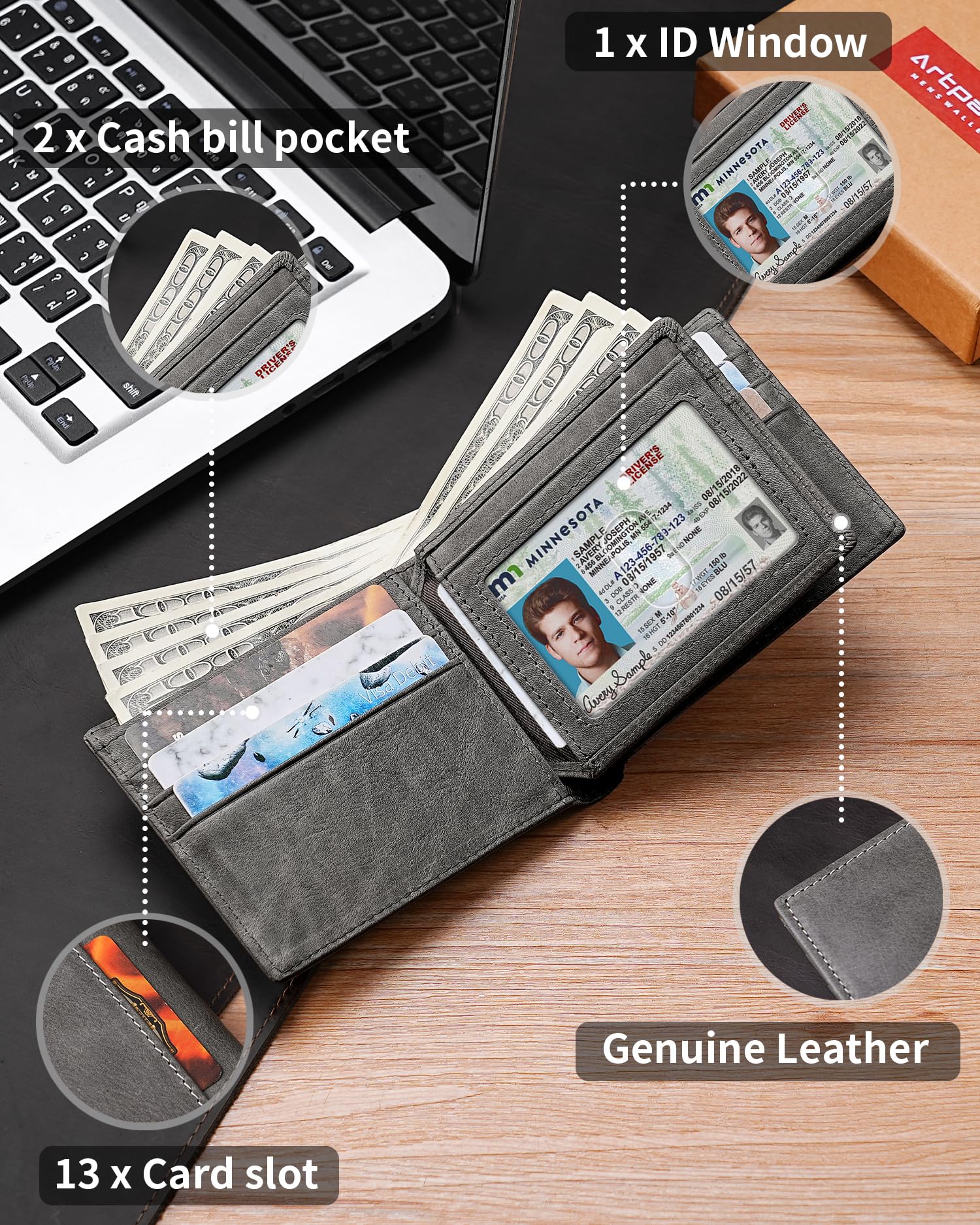 Artpaxy Mens Wallet Genuine Leather Bifold RFID Blocking Wallet for Men with 1 ID Window 13 Card Holders 2 cash pockets 1 Gift Box