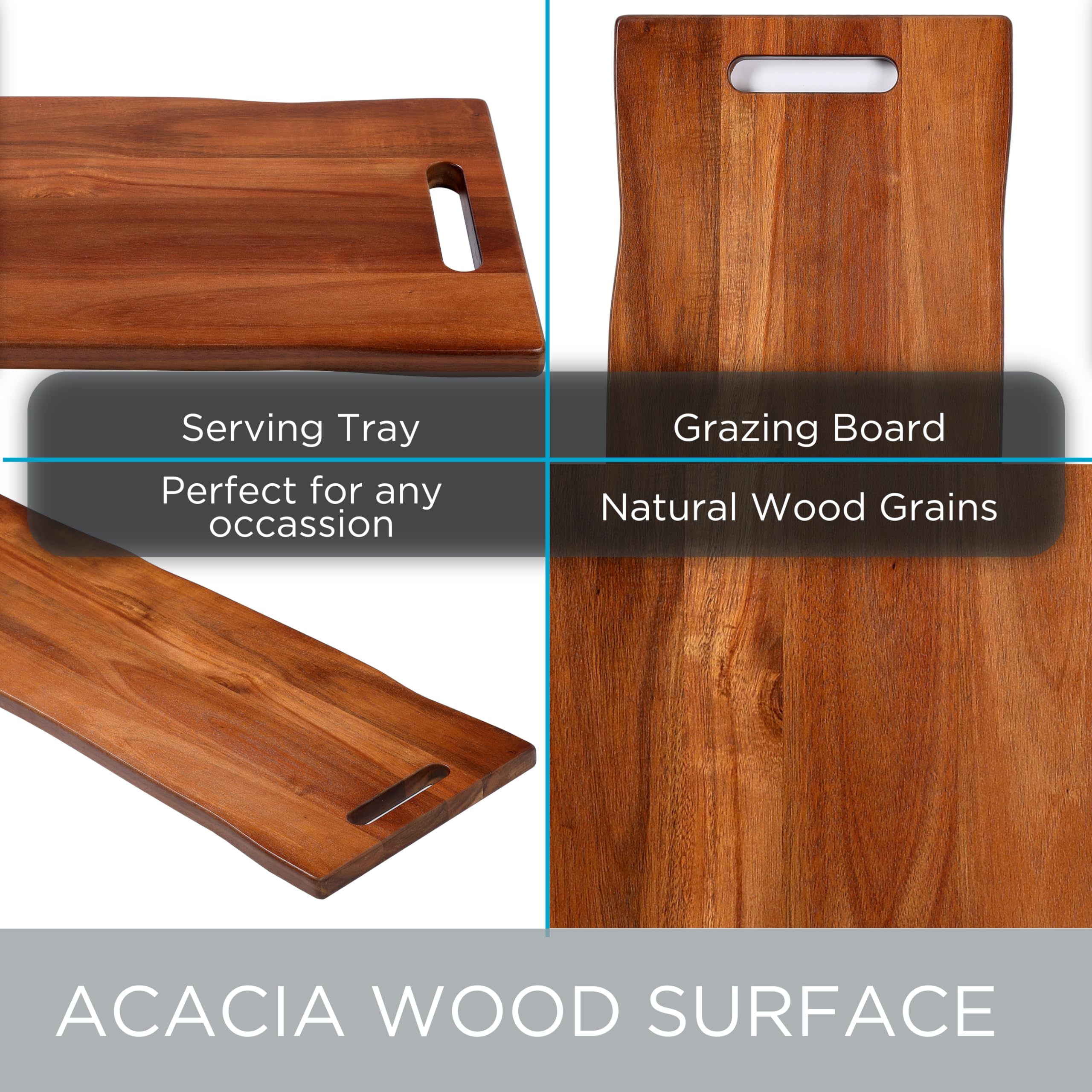 BIRDROCK HOME Acacia Wooden Cheese & Charcuterie Board with Handles 22" | Rectangular Food Platter for Bread, Meat, or Appetizers | Natural Wood Serving Tray Cutting Board for Kitchen & Outdoor Use