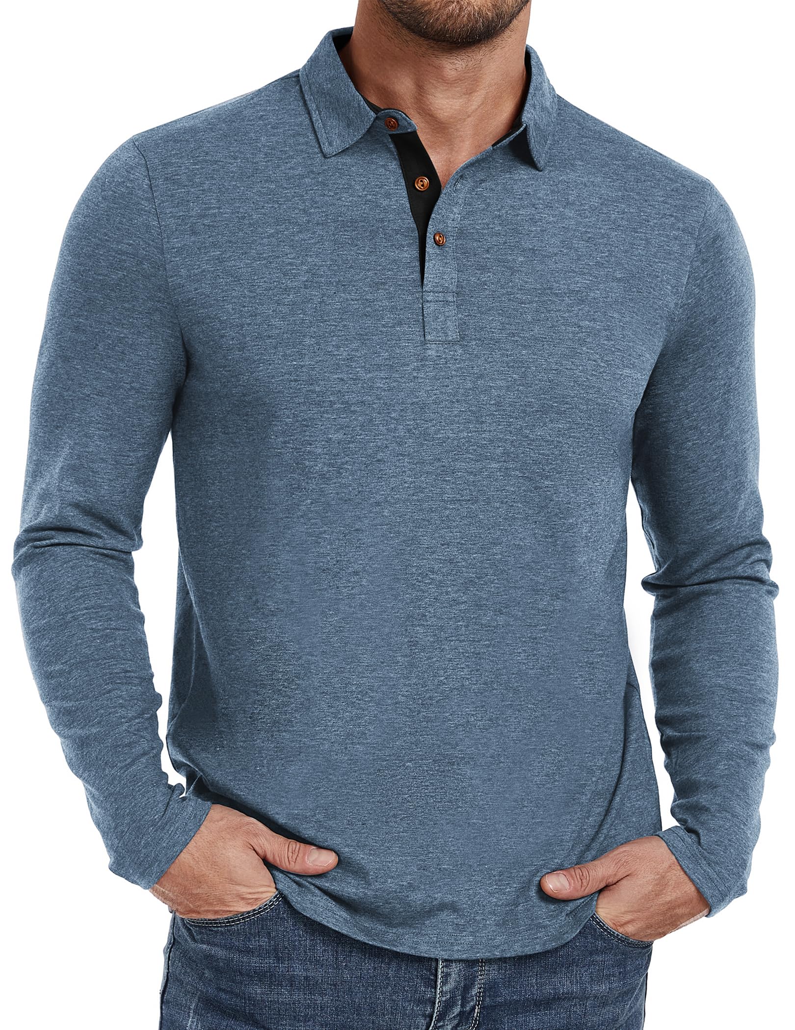 PEGENO Mens Polo Short/Long Sleeve Shirt Classic Button Basic Solid Color Designed Collared Polo Shirt Fashion Casual Shirts