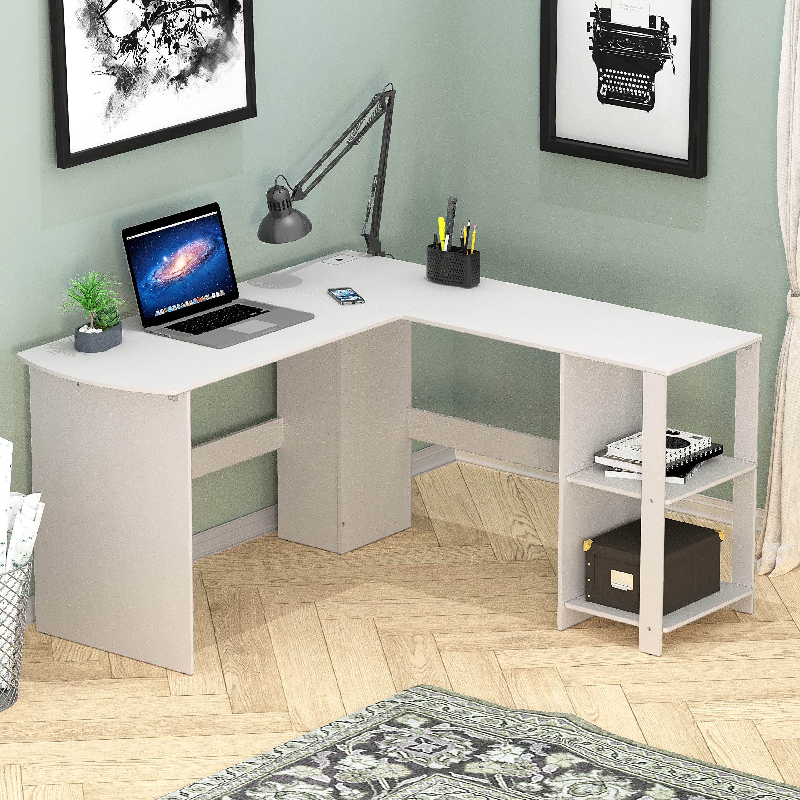 SHW 51 x 51 Inches L-Shaped Home Office Wood Corner Desk wtih Storage, Black