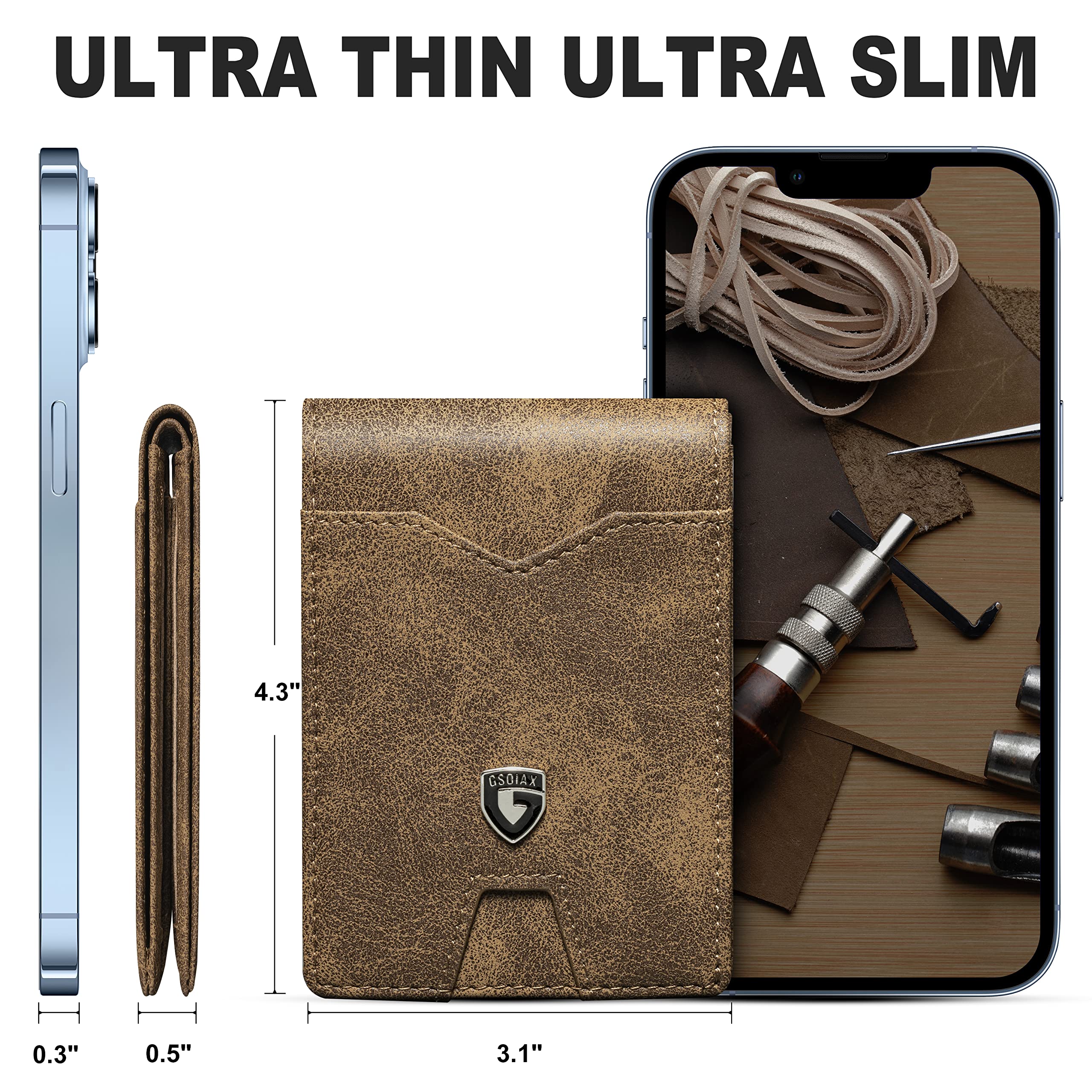 GSOIAX Slim Wallet for Men Rfid Blocking Leather Bifold Front Pocket Carbon Fiber Men's Money Clips Credit Card Holder With Gift Box