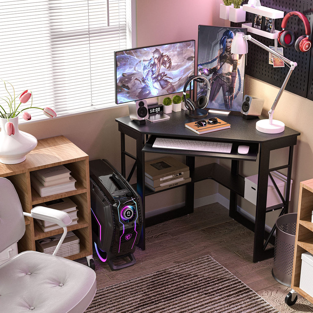 VECELO Corner Desk Computer Desk Writing Table with Smooth Keyboard Tray & Storage Shelves,Compact Home Office Triangle Table,Antique Brown