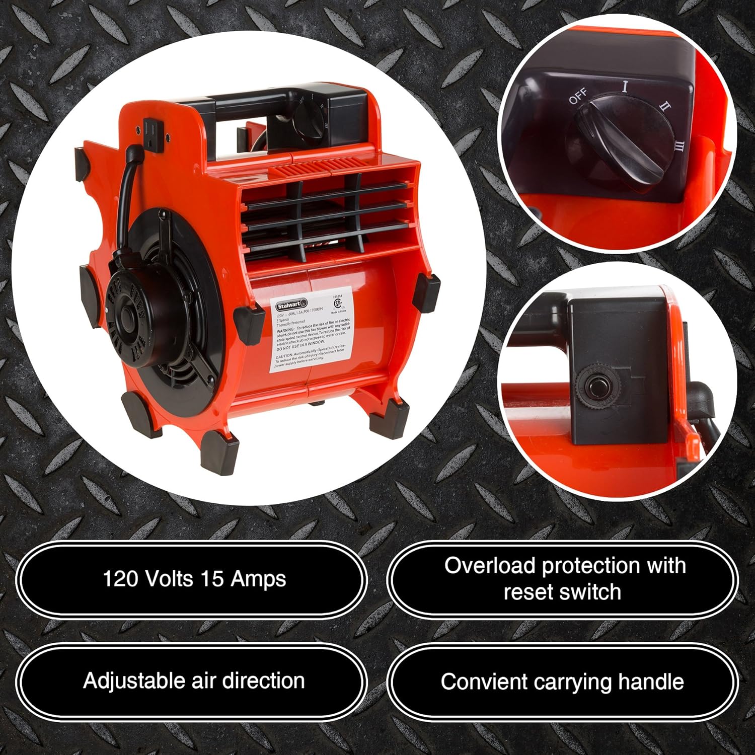 Blower Fan - 3-Speed Heavy-Duty Floor and Carpet Dryer - 1600 watts -Portable Air Mover with 4 Different Angles for Basements, Cars or Garages by Stalwart (Red)