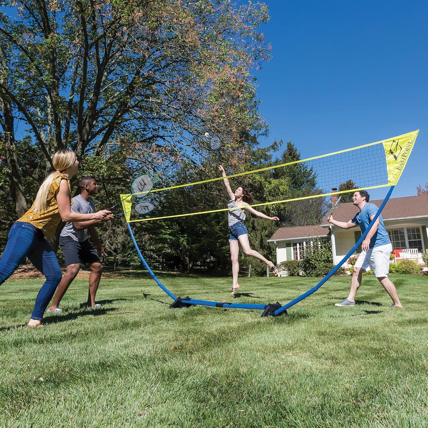EastPoint Easy Setup Badminton Set - 15 ft Net, 4 Rackets, 2 Shuttlecocks - Quick Setup Net for Backyard Games - Steel Shaft Badminton Rackets for Family Games - Durable Shuttlecocks for Outdoors