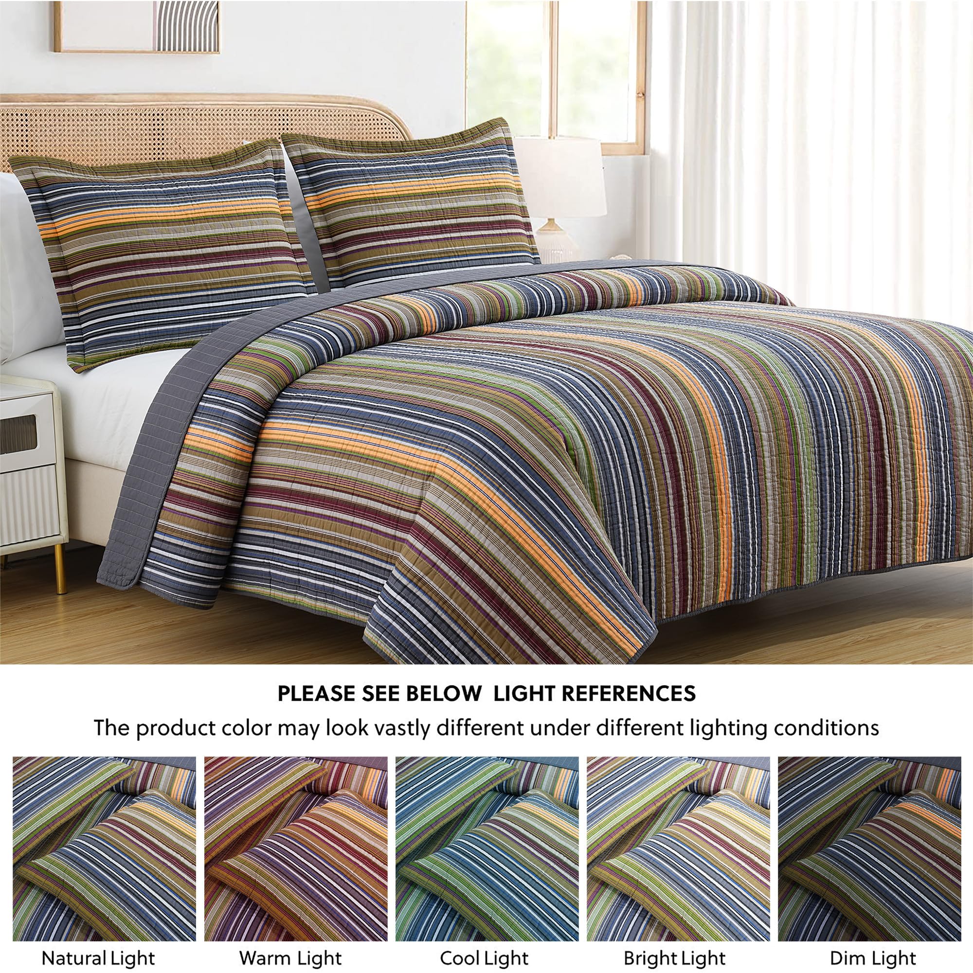 Chezmoi Collection Avery Striped Cotton Quilt Set Twin Size, 2-Piece Soft Pre-Washed 100% Cotton Quilt, Multi-Color Brown