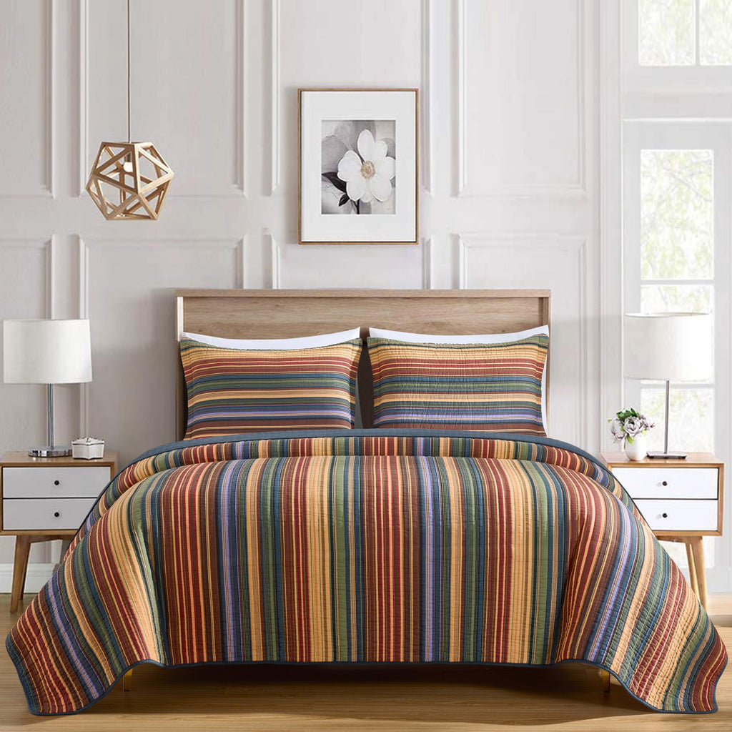 Chezmoi Collection Avery Striped Cotton Quilt Set Twin Size, 2-Piece Soft Pre-Washed 100% Cotton Quilt, Multi-Color Brown