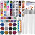 FANDAMEI Nail Art Kit, Nail Art Brushes Set, Nail Design Kit Dotting Tools, Fine Nail Glitter, Nail Decoration Butterfly Heart Glitter Sequins, Foil Flakes, Nail Rhinestones, Dust Brush