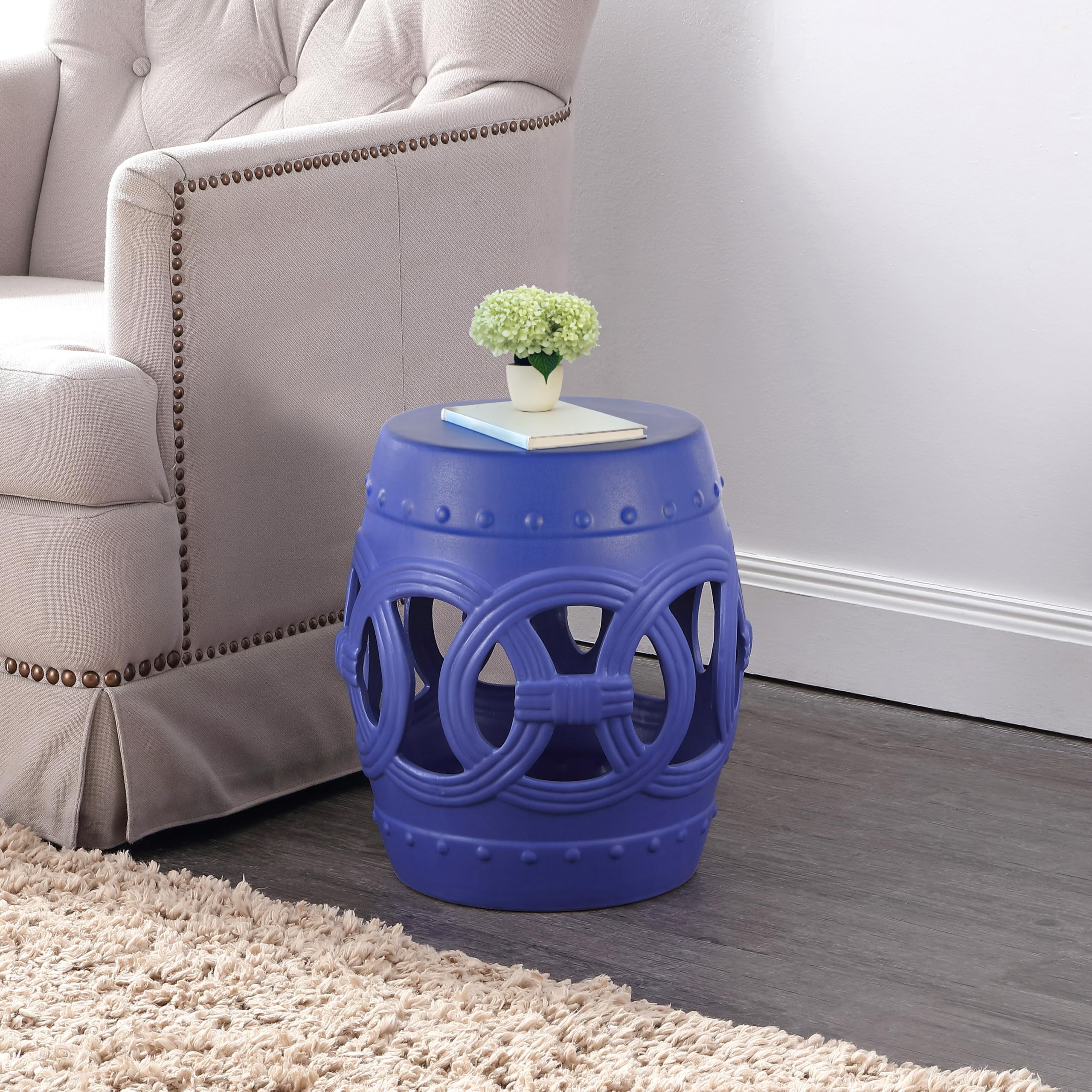 JONATHAN Y Lucky Coins 16" Ceramic Garden Stool, Contemporary Blue/White Cutout Interlocking Rings Drum Indoor/Outdoor Side Table and Plant Stand for Patio, Garden, Living Room TBL1027A