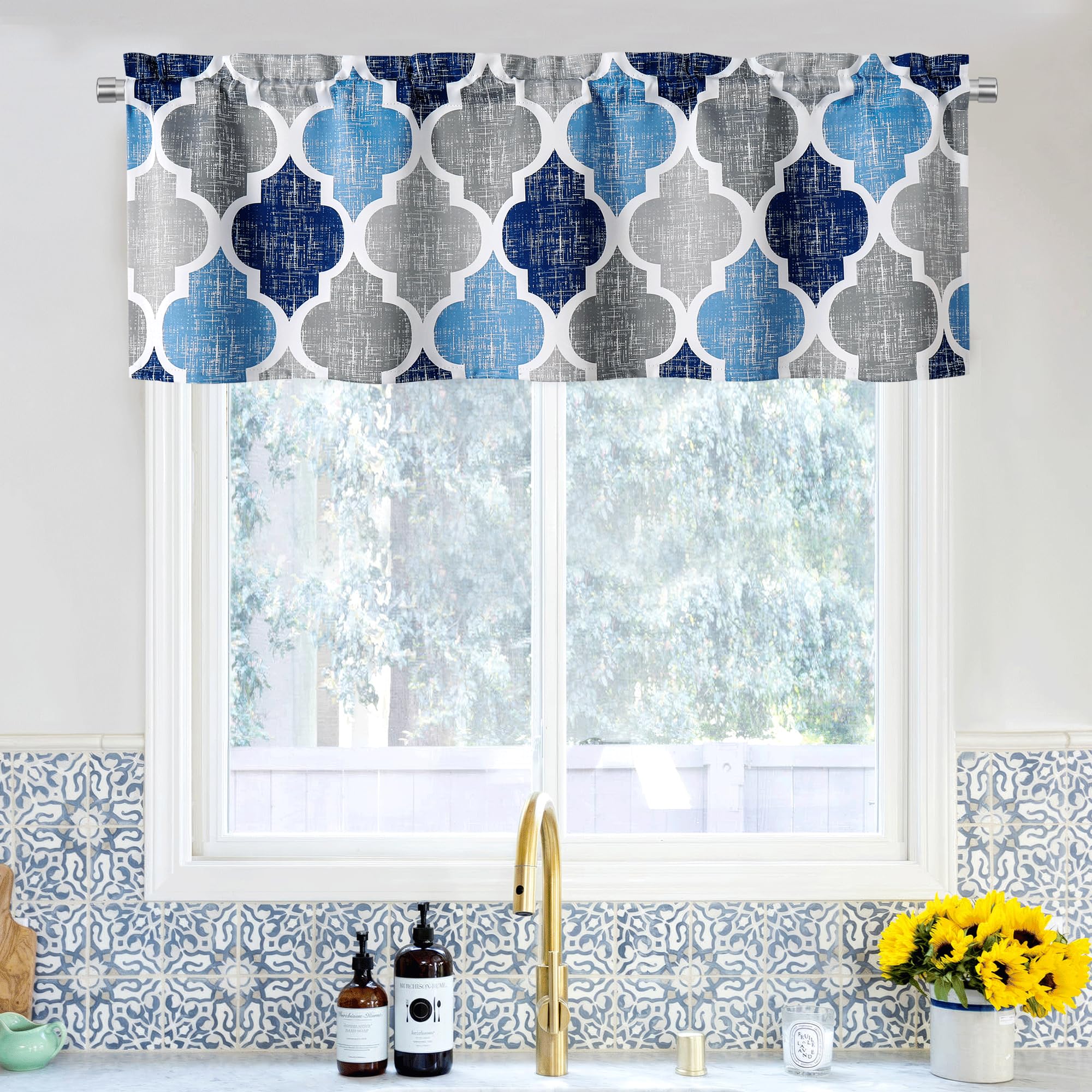 Beauoop 100% Blackout Curtains 45 Inches Long 2 Panels for Bedroom Living Room Aqua Grey Moroccan Geo Room Darkening Thermal Insulated Soundproof Grommet Top Window Treatments Drapes, 50x45 Set of 2