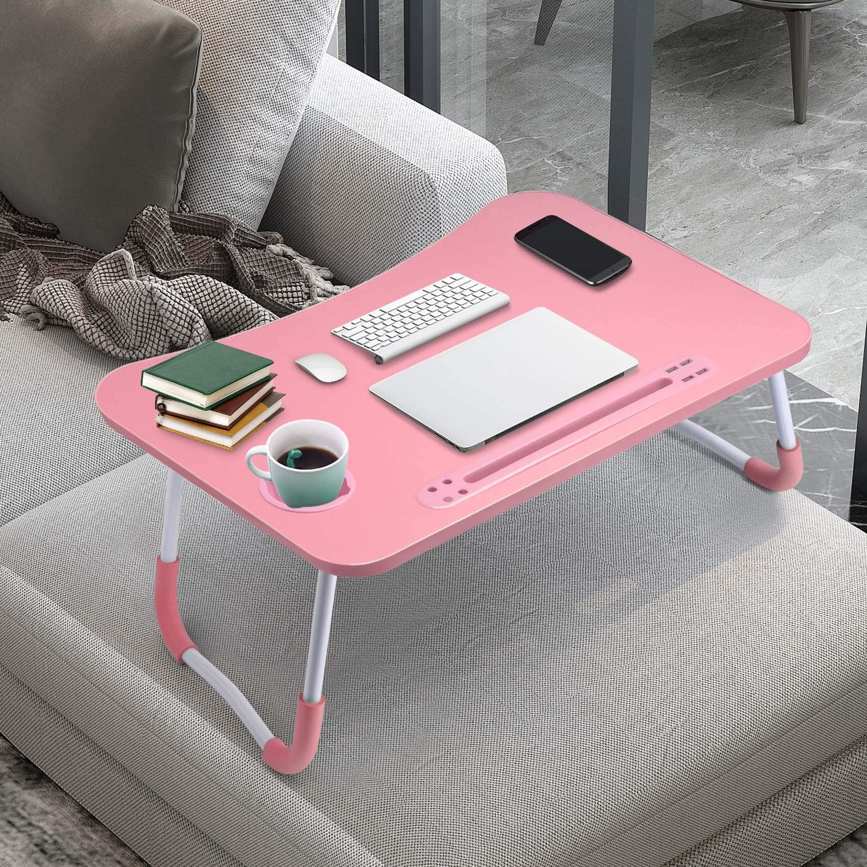Slendor Lap Desk with Cup Holder, Foldable Laptop Table for Bed, Portable Bed Desk for Laptop and Writing, Computer Tray with Tablet Slot, Notebook Stand Reading Holder for Couch Sofa Floor,Black