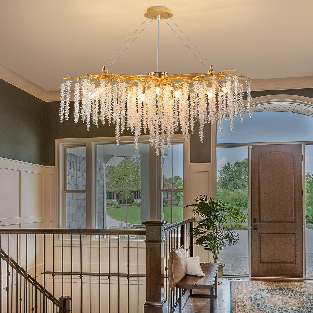 Modern Crystal Raindrop Chandelier, L40'' Black Linear Rectangle Art Deco Tree Branch Lighting Fixture for Kitchen Island Living Room Foyer Staircase 10 Lights