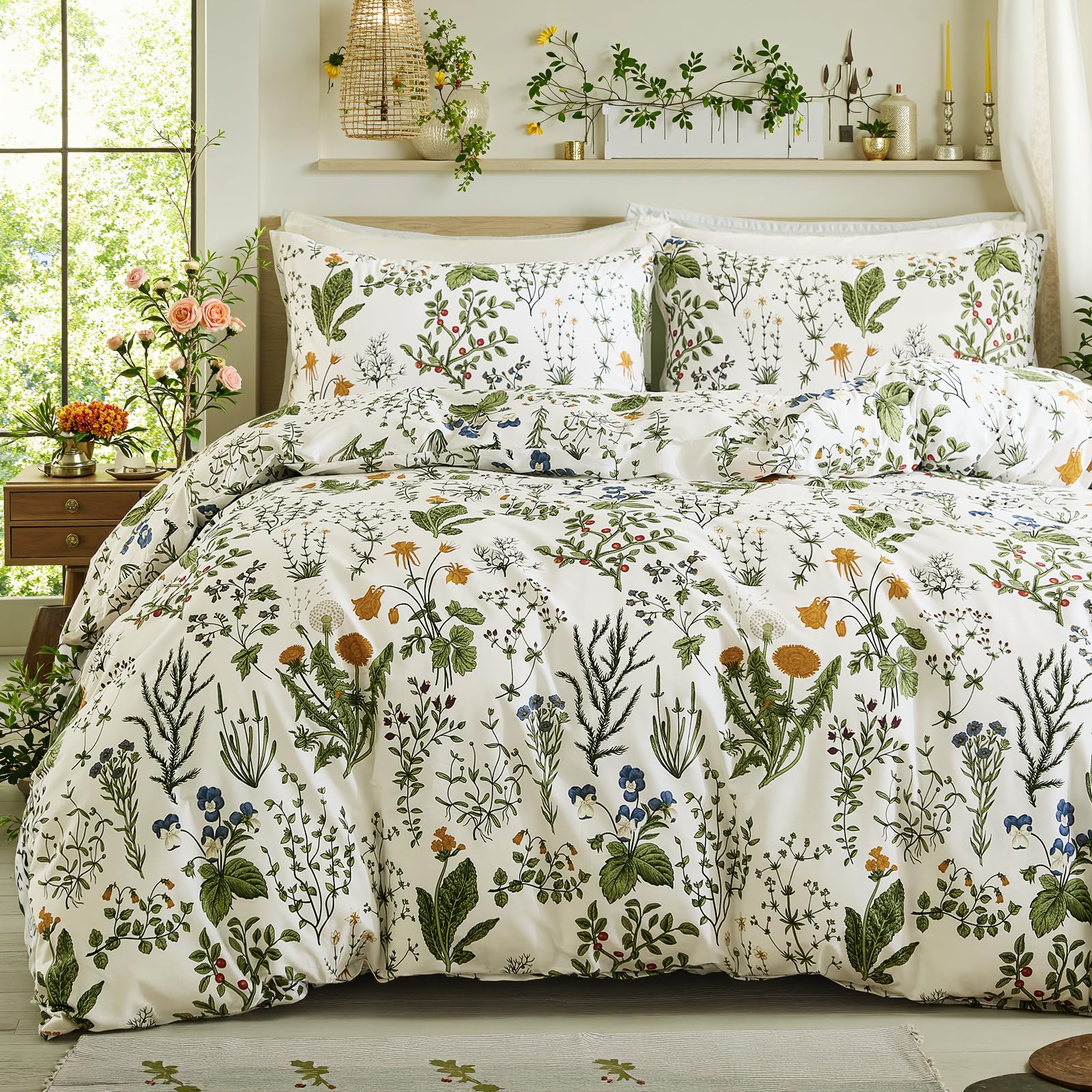 100% Natural Cotton Comforter Set Queen 3 Pcs Grayish Blue Bedding Sets with Luxurious Damask Pattern, Reversible Breathable Soft Comforter Sets for All Season