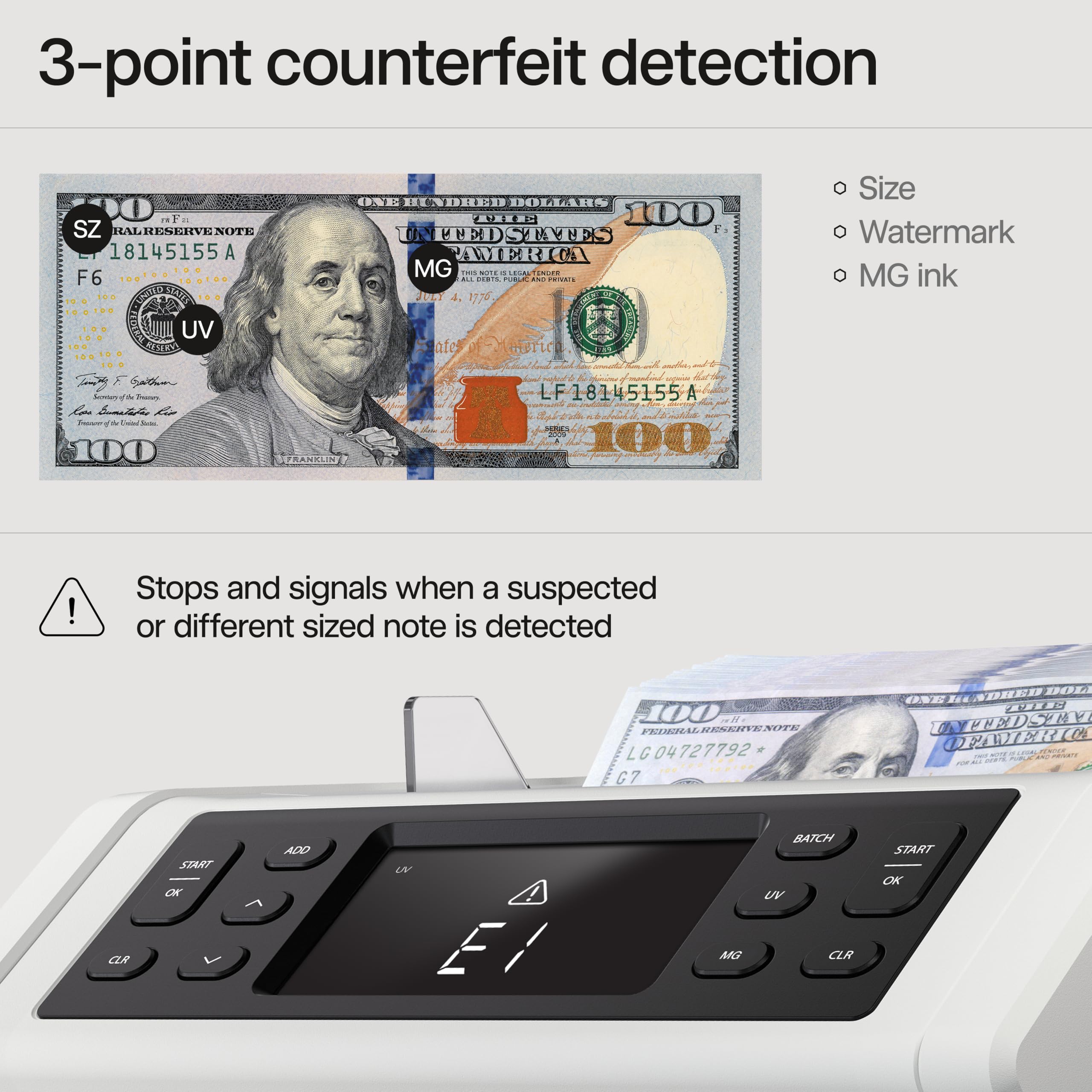 Safescan 2210 Money Counter Machine with Counterfeit Detection, Add/Batch Modes, LCD-Display, High-Speed Counts 1,000 bills per minute, 2 Point Counterfeit Check - Sorted Counter for All Currencies