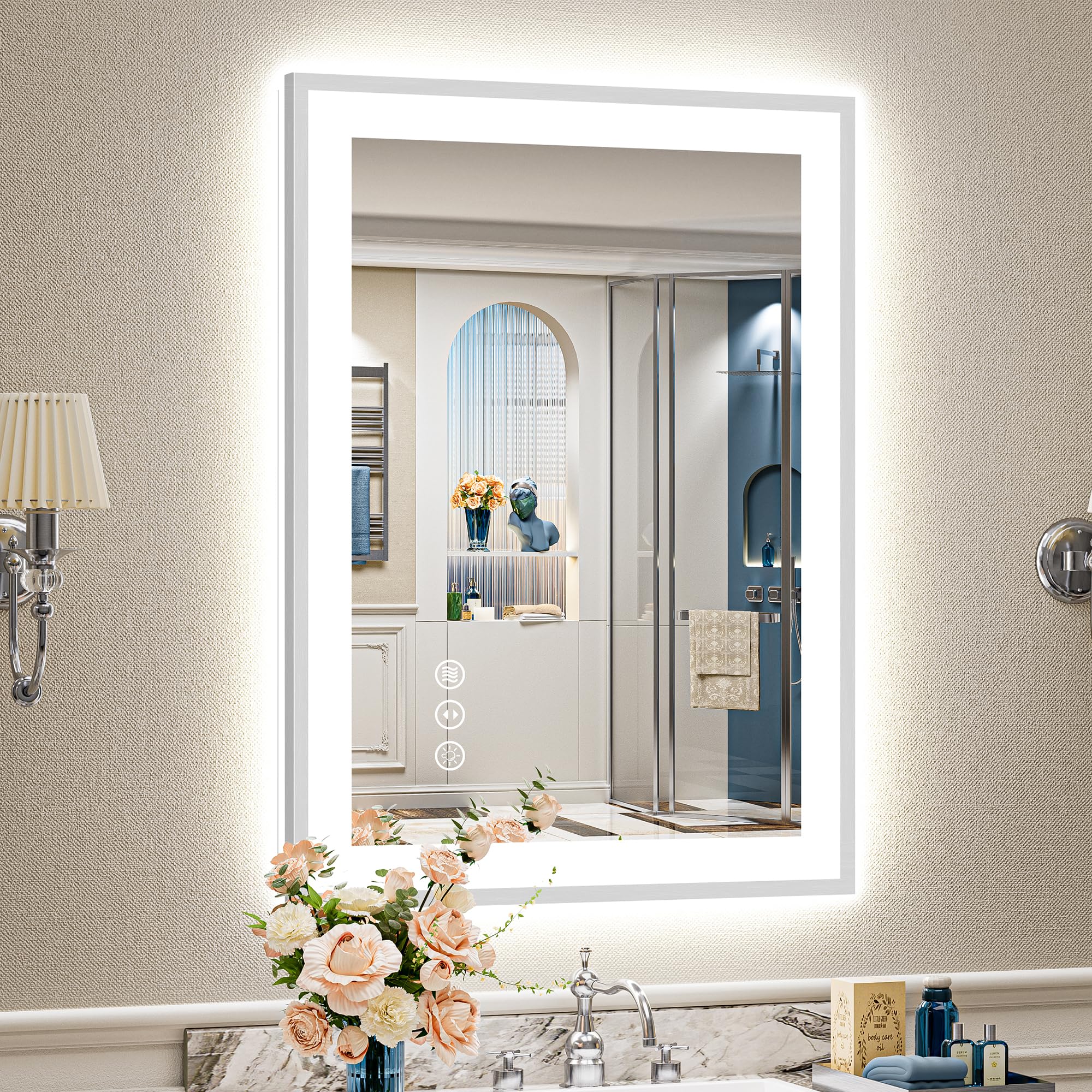 24x32 Black Framed LED Bathroom Mirror with Lights, Backlit and Front Lit Anti-Fog Lighted Vanity Mirrors for Bathroom Wall, Dimmable, 3 Colors, Memory, HD Tempered Glass, Horizontal/Vertical